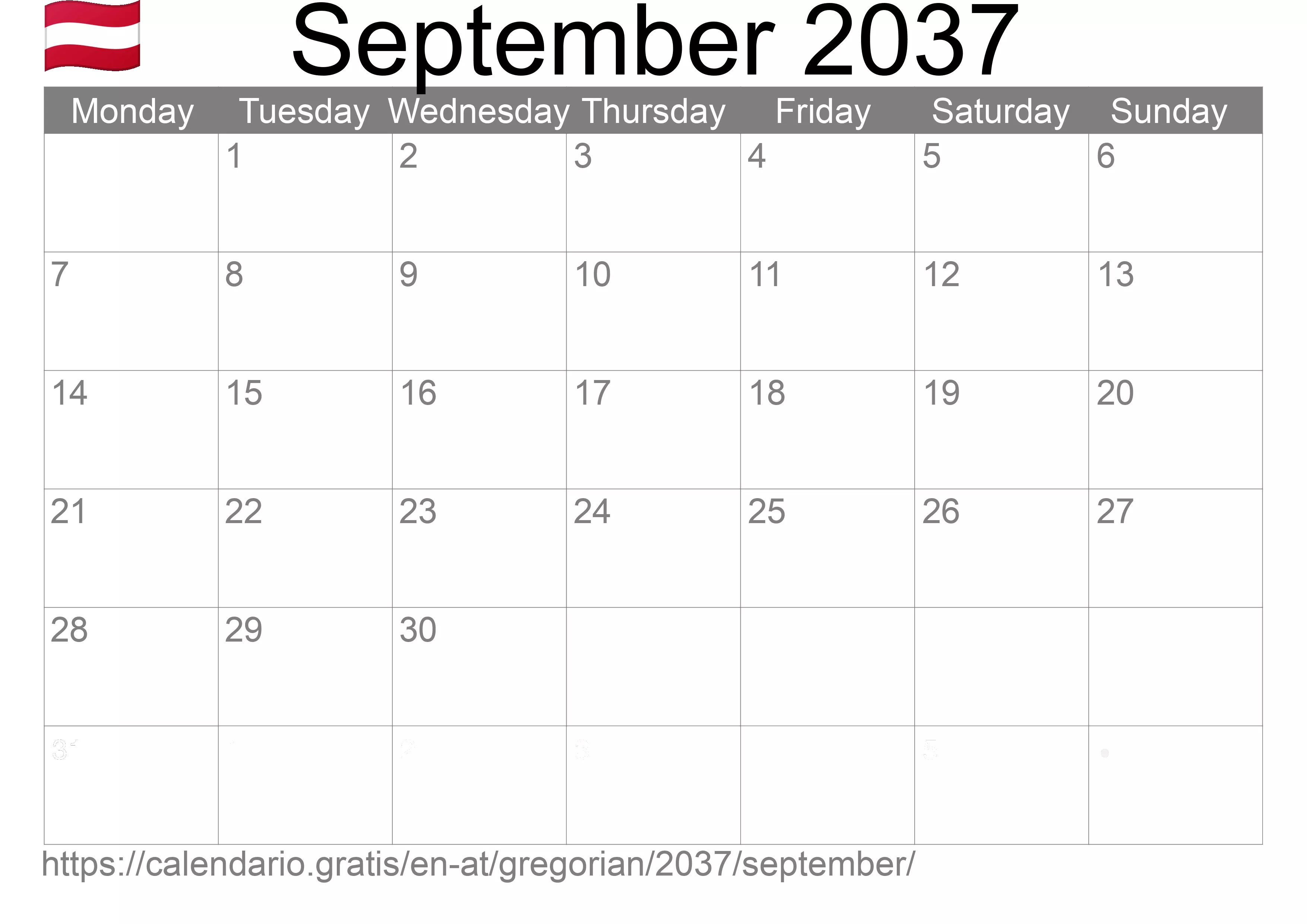 Calendar September 2037 to print (Austria)