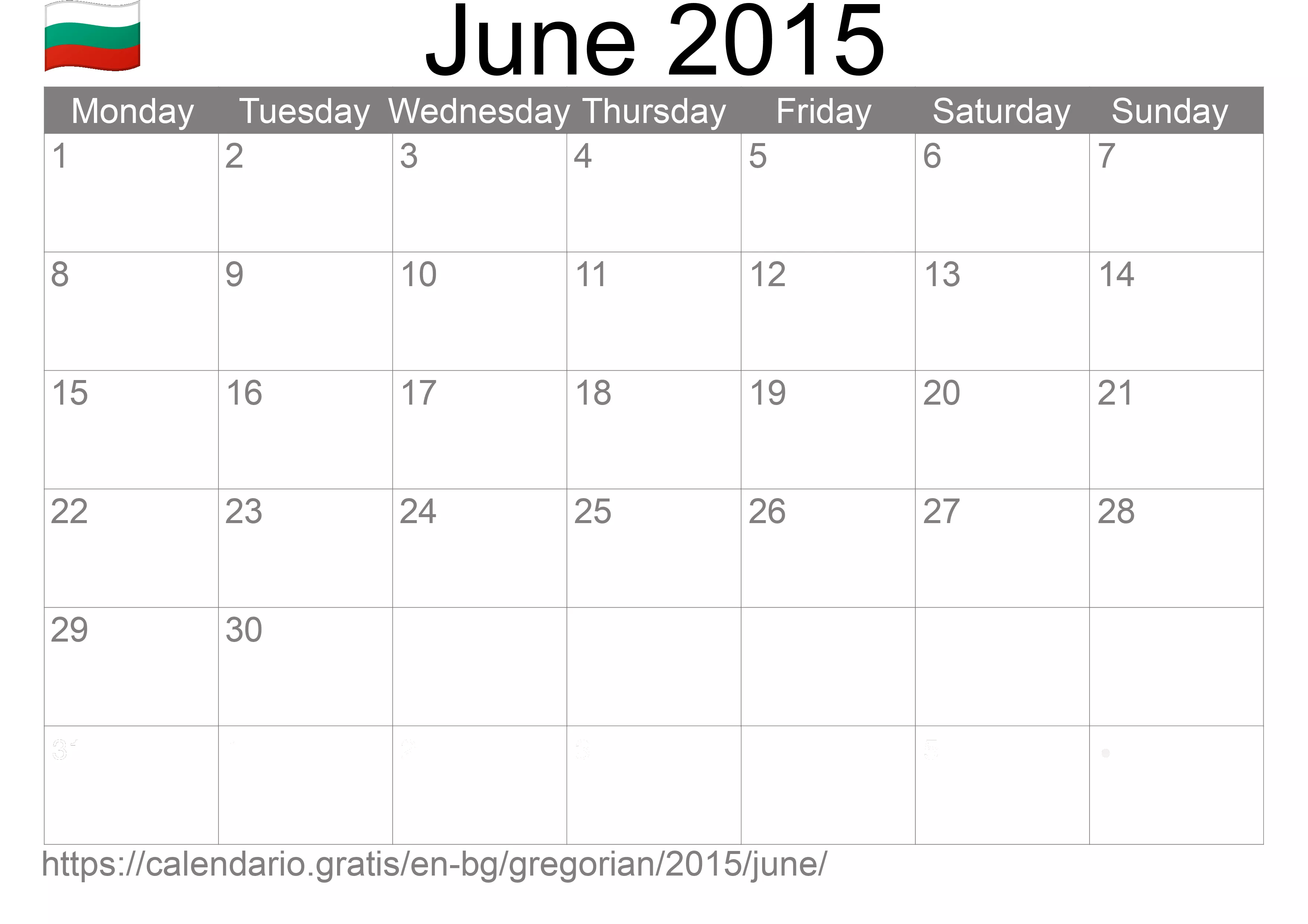 Calendar June 2015 to print (Bulgaria) Calendar June 2015 to print (Bulgaria)