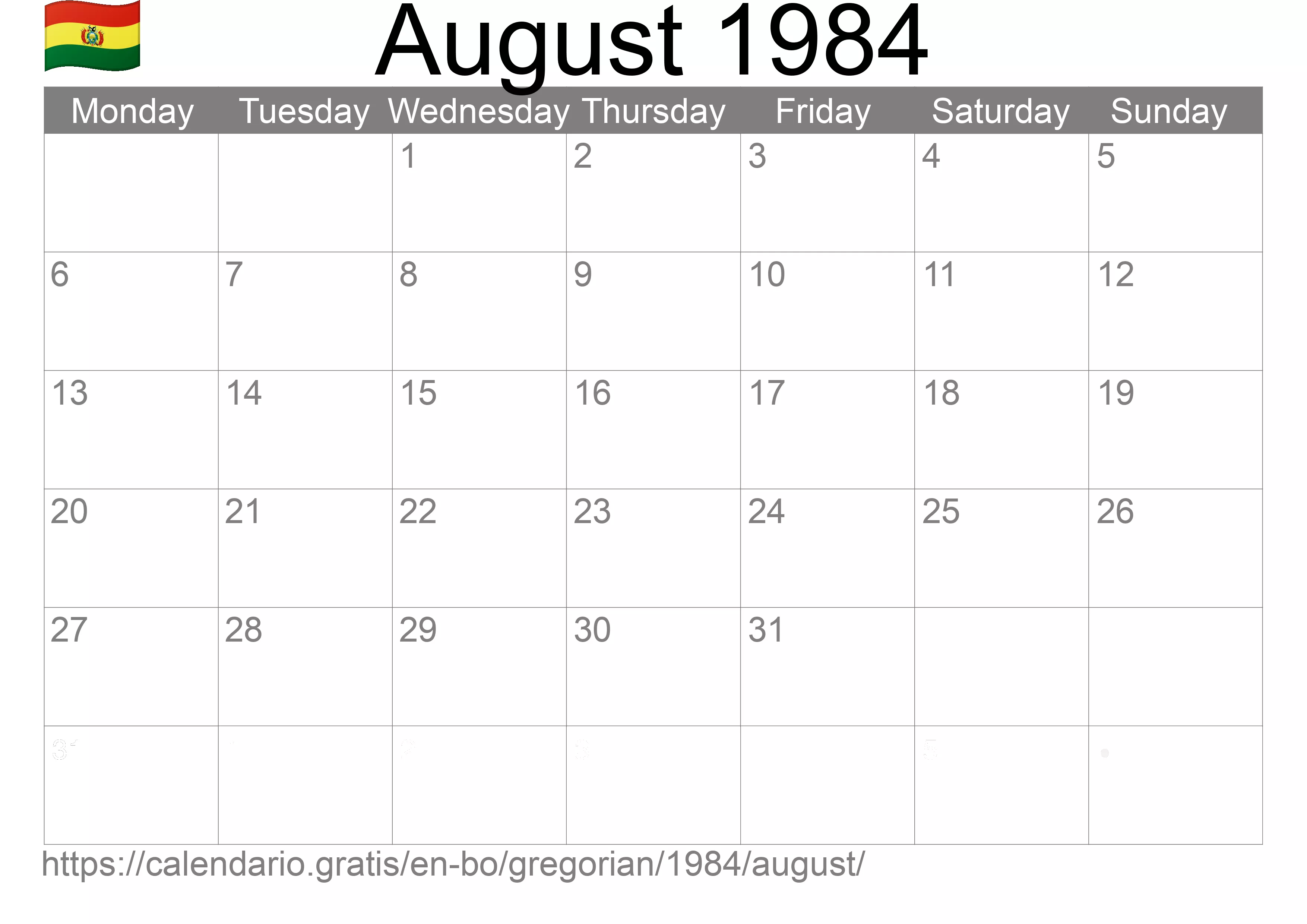 Calendar August 1984 to print (Bolivia) Calendar August 1984 to print (Bolivia)