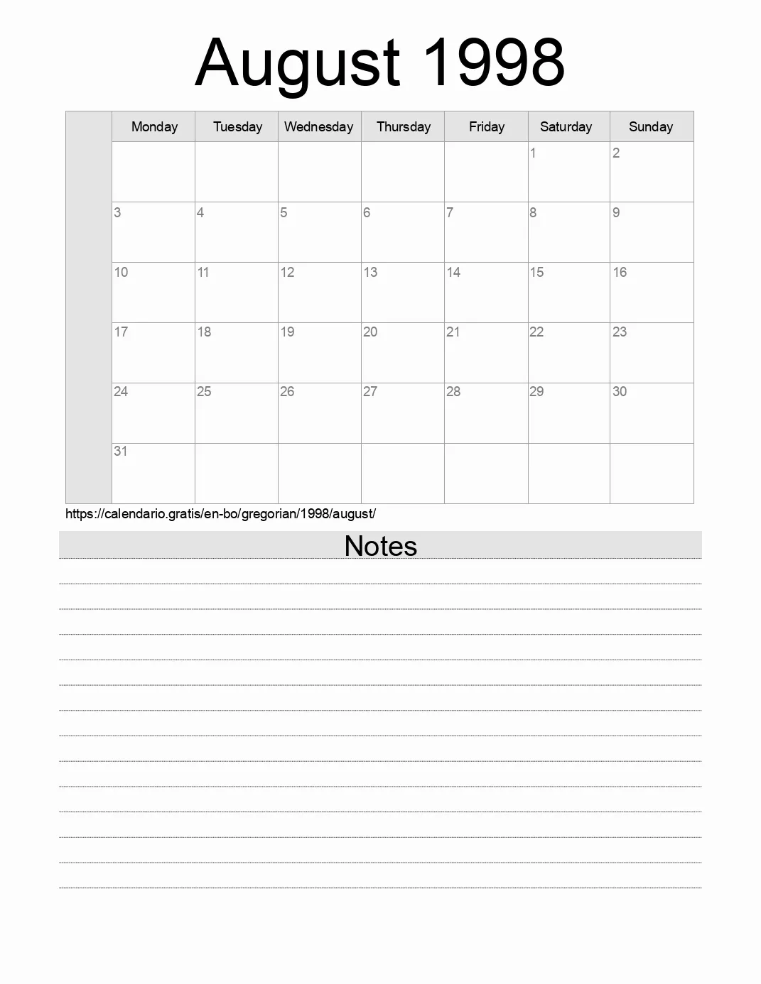 Calendar for printing with notes for 1998 August . (Bolivia) Calendar for printing with notes for 1998 August . (Bolivia)