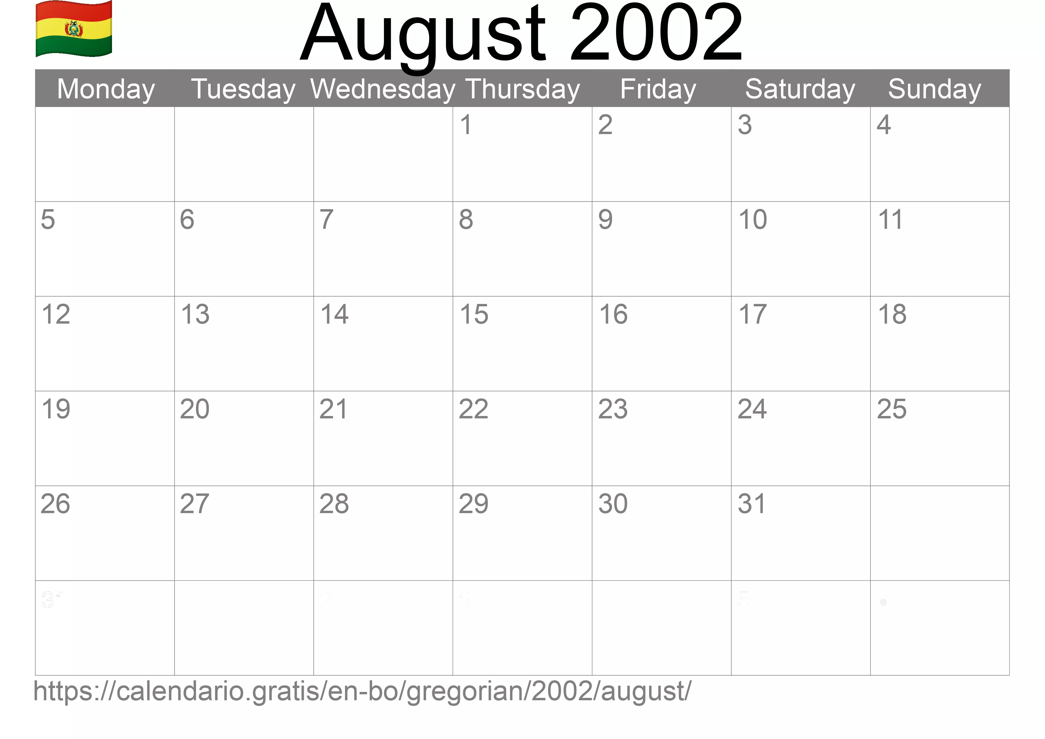 Calendar August 2002 to print (Bolivia) Calendar August 2002 to print (Bolivia)
