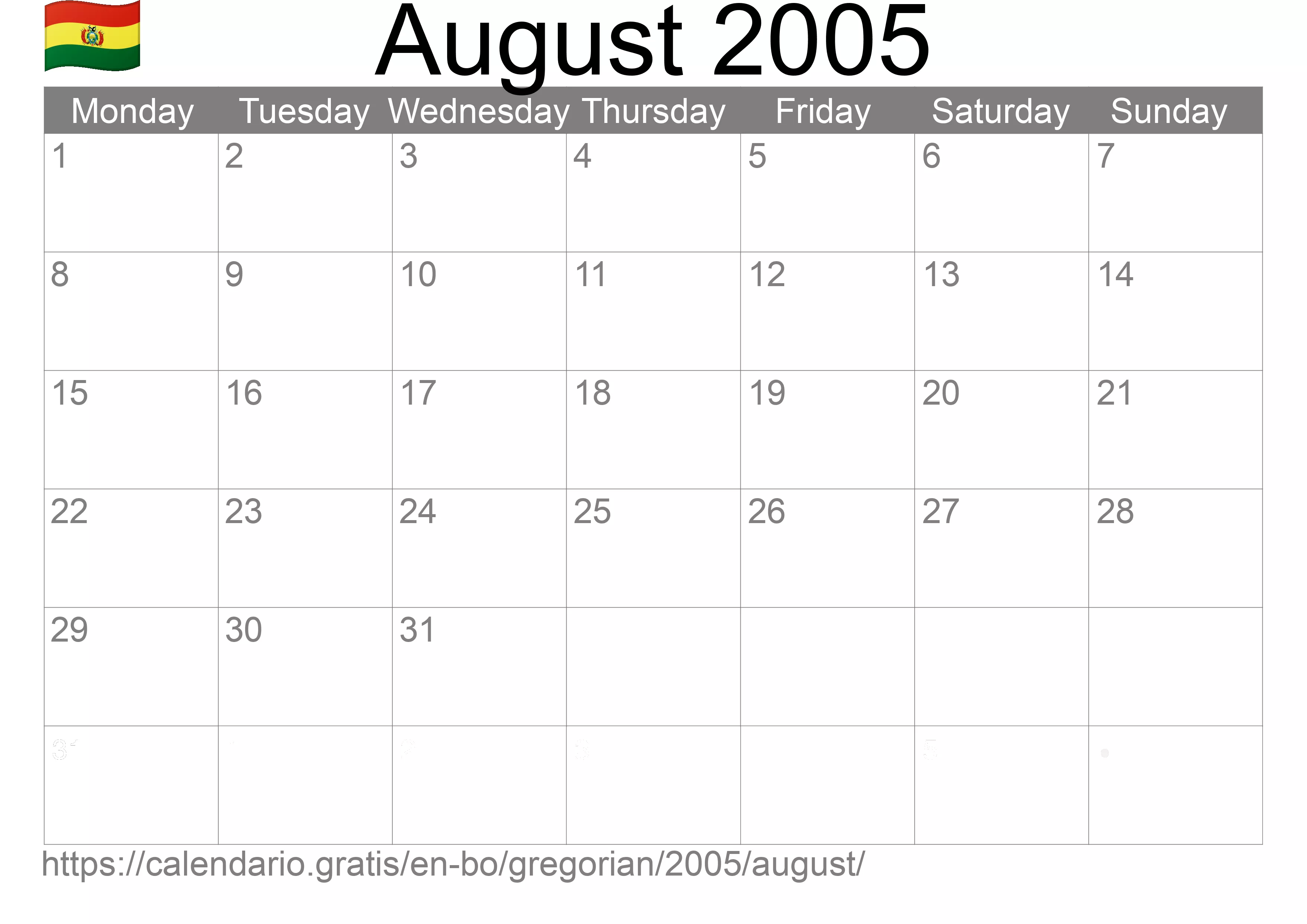 Calendar August 2005 to print (Bolivia) Calendar August 2005 to print (Bolivia)