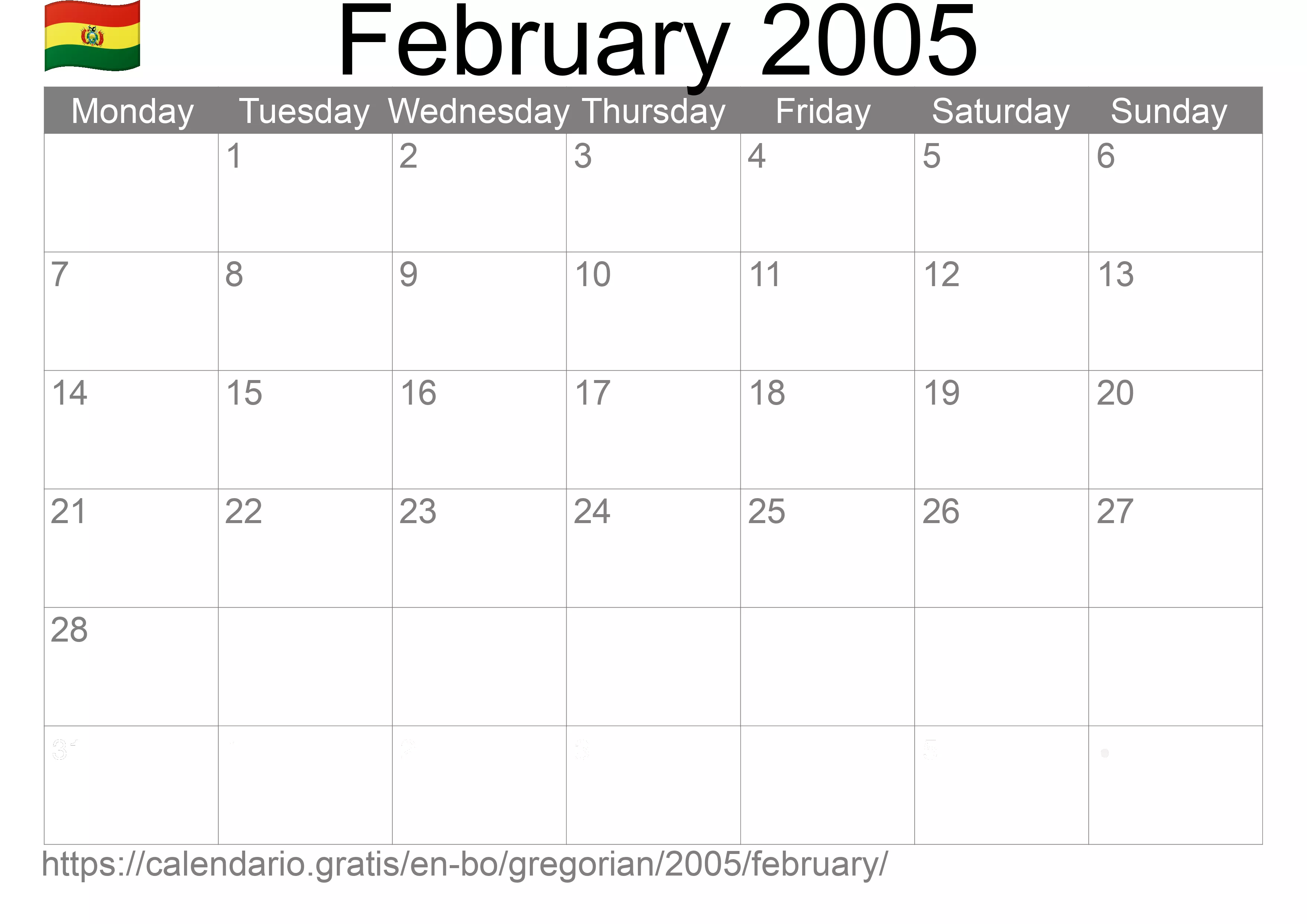 Calendar February 2005 to print (Bolivia) Calendar February 2005 to print (Bolivia)