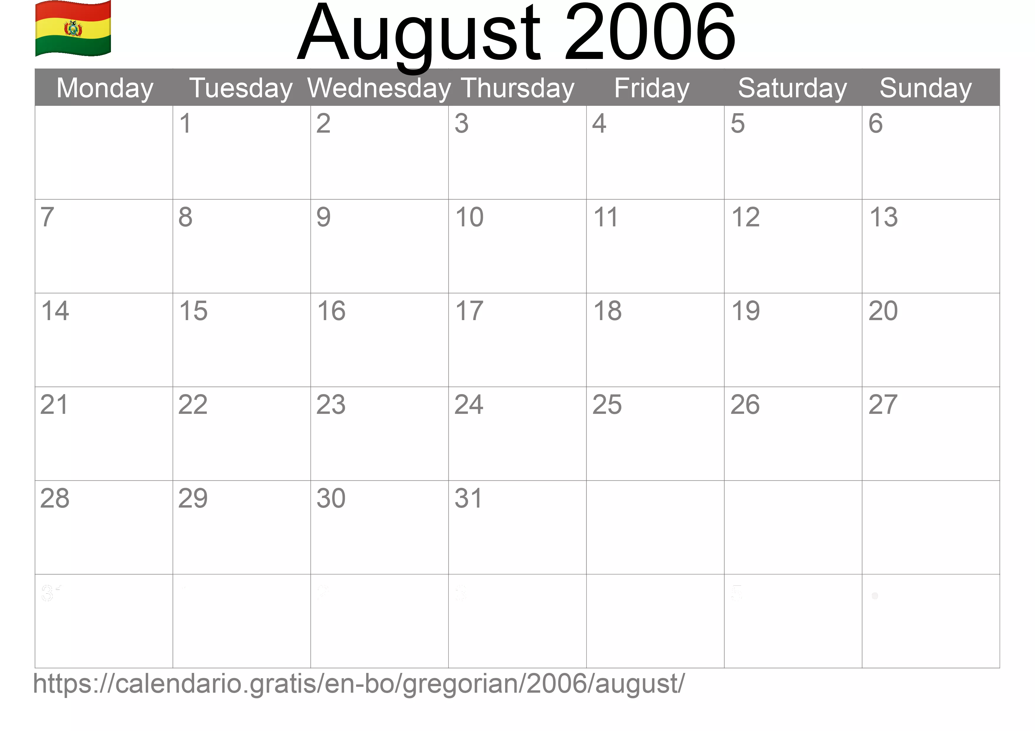 Calendar August 2006 to print (Bolivia) Calendar August 2006 to print (Bolivia)