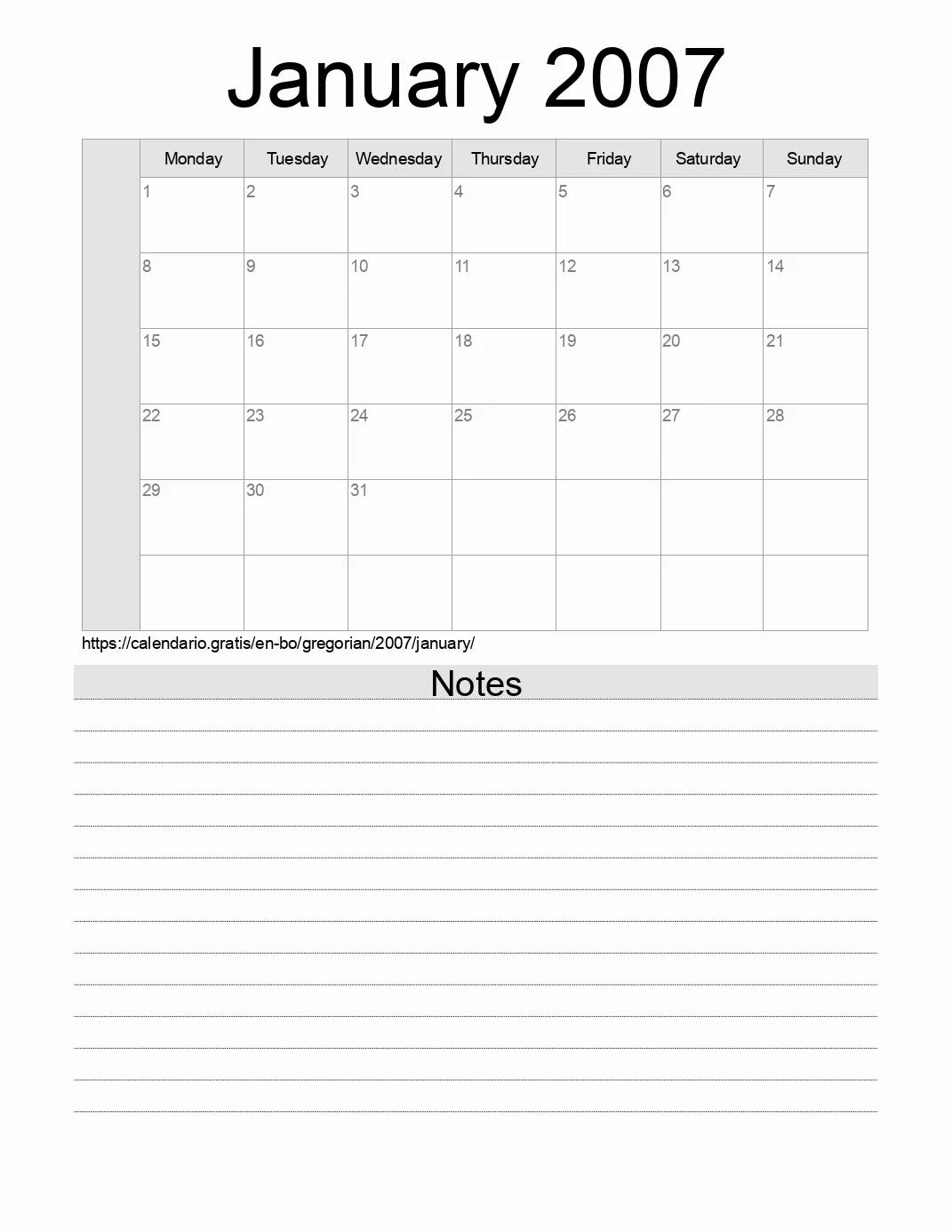 Calendar for printing with notes for 2007 January . (Bolivia) Calendar for printing with notes for 2007 January . (Bolivia)