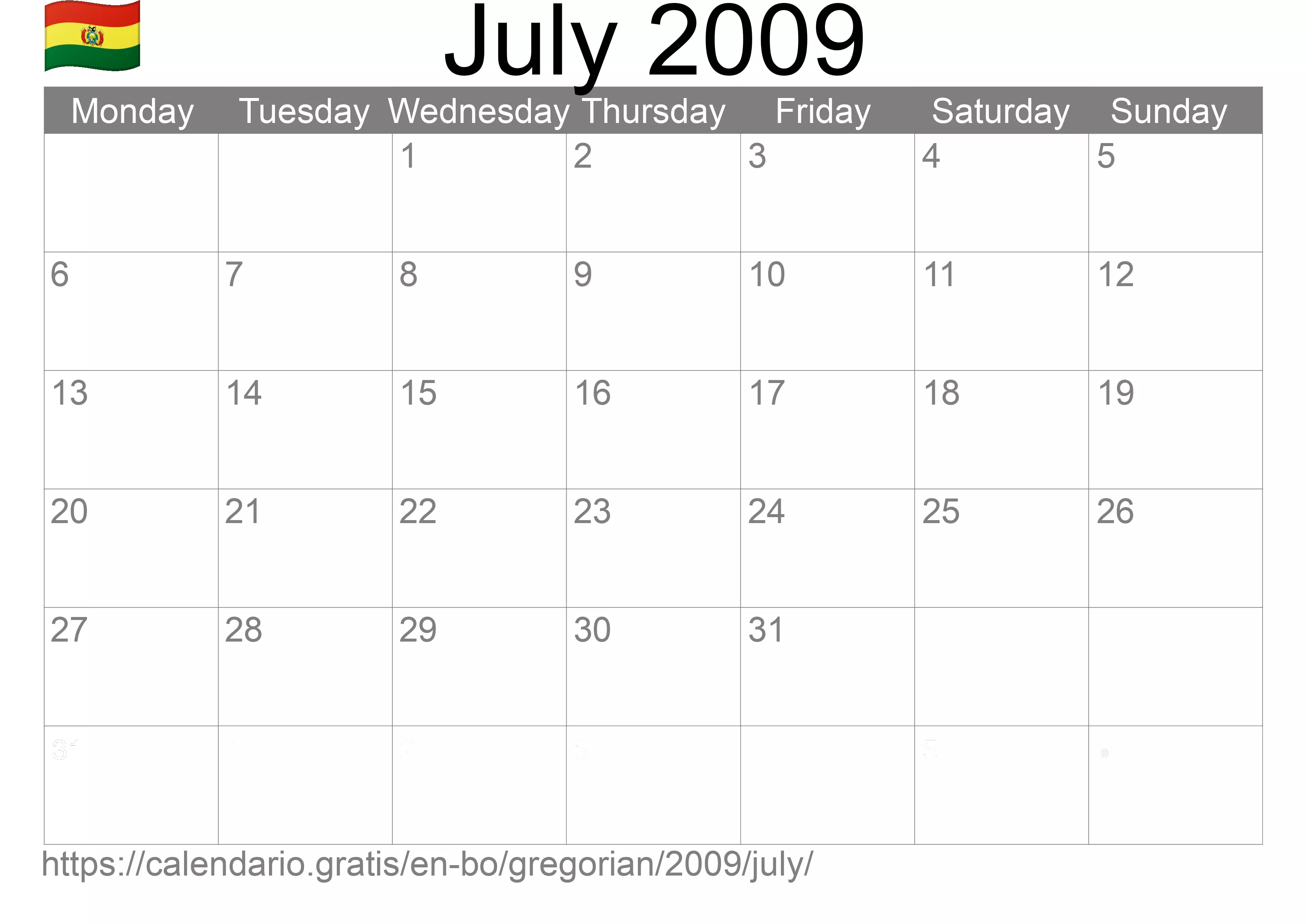 Calendar July 2009 to print (Bolivia) Calendar July 2009 to print (Bolivia)
