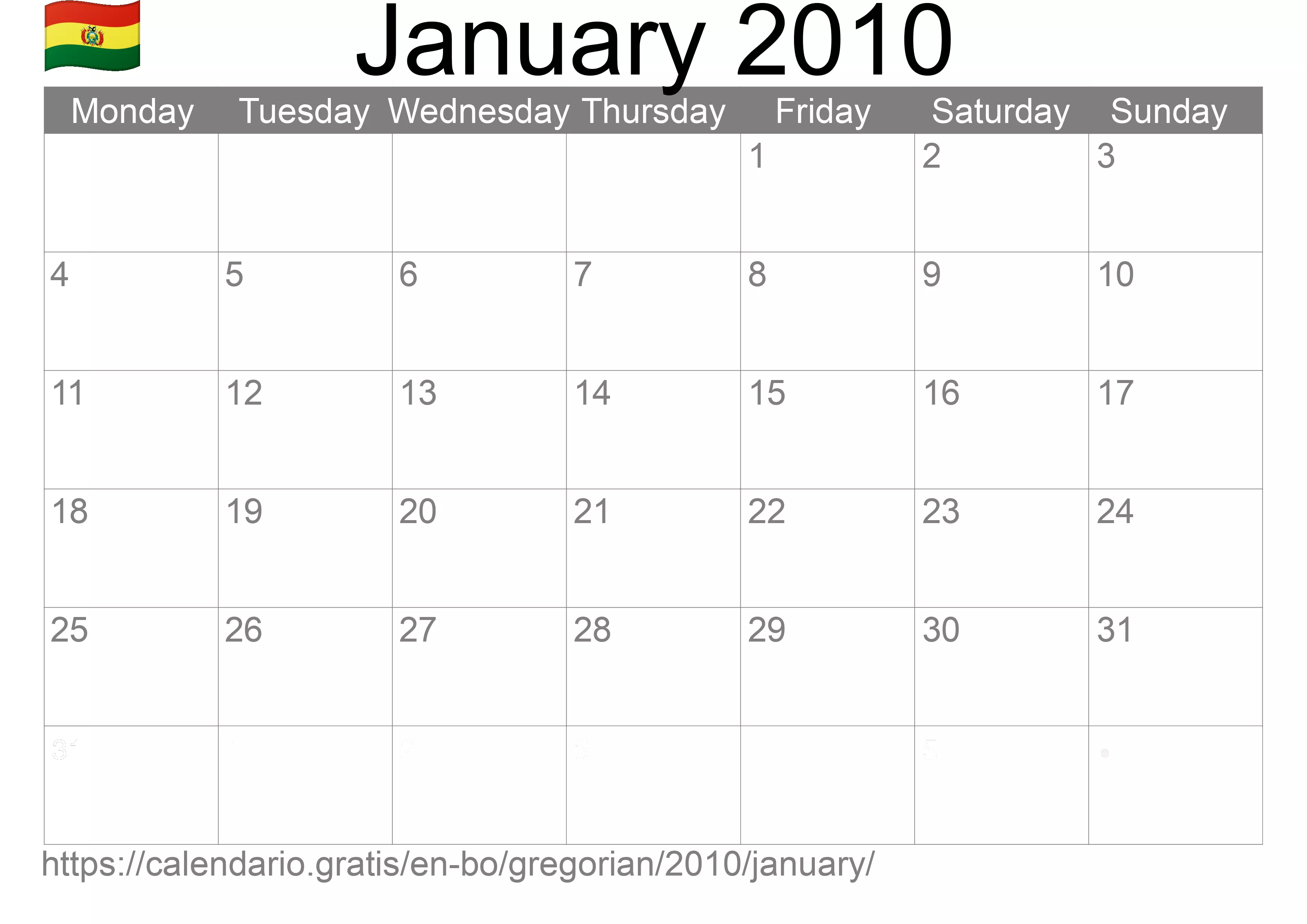 Calendar January 2010 to print (Bolivia) Calendar January 2010 to print (Bolivia)