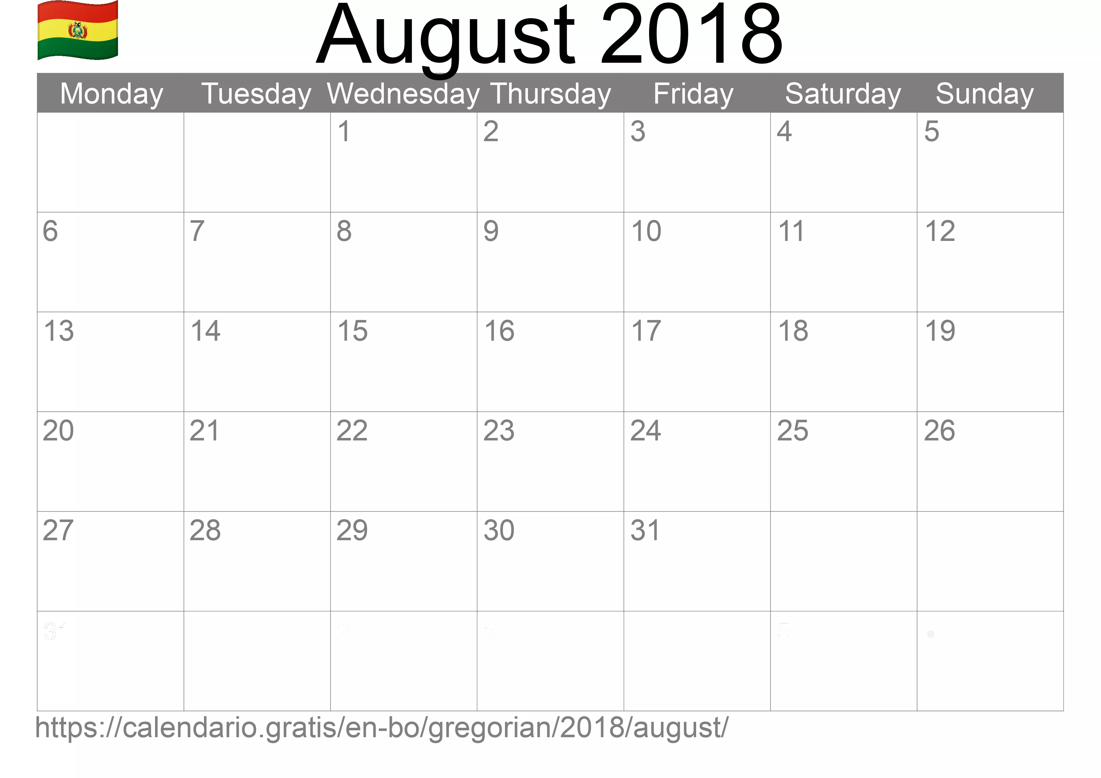 Calendar August 2018 to print (Bolivia) Calendar August 2018 to print (Bolivia)