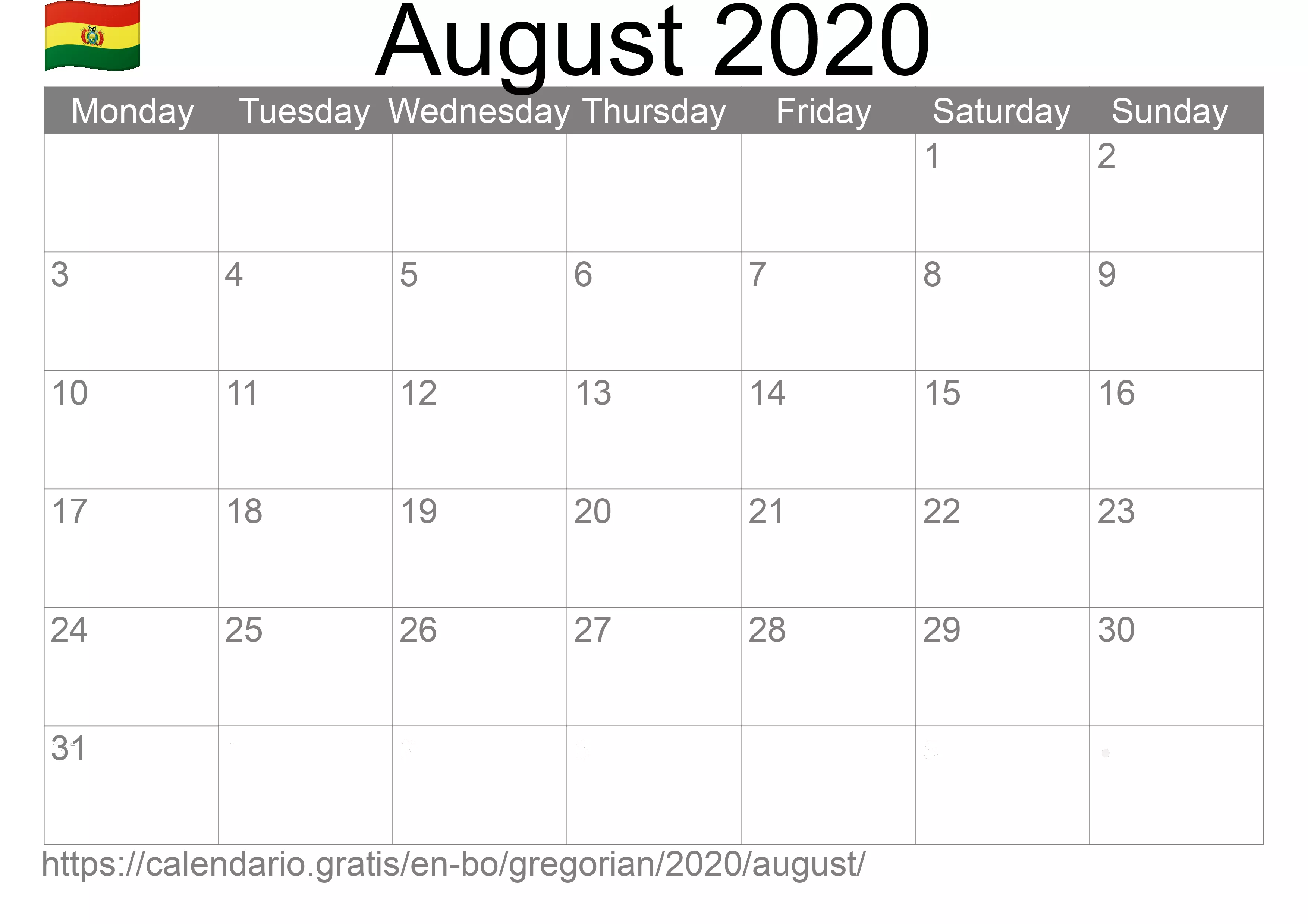 Calendar August 2020 to print (Bolivia) Calendar August 2020 to print (Bolivia)