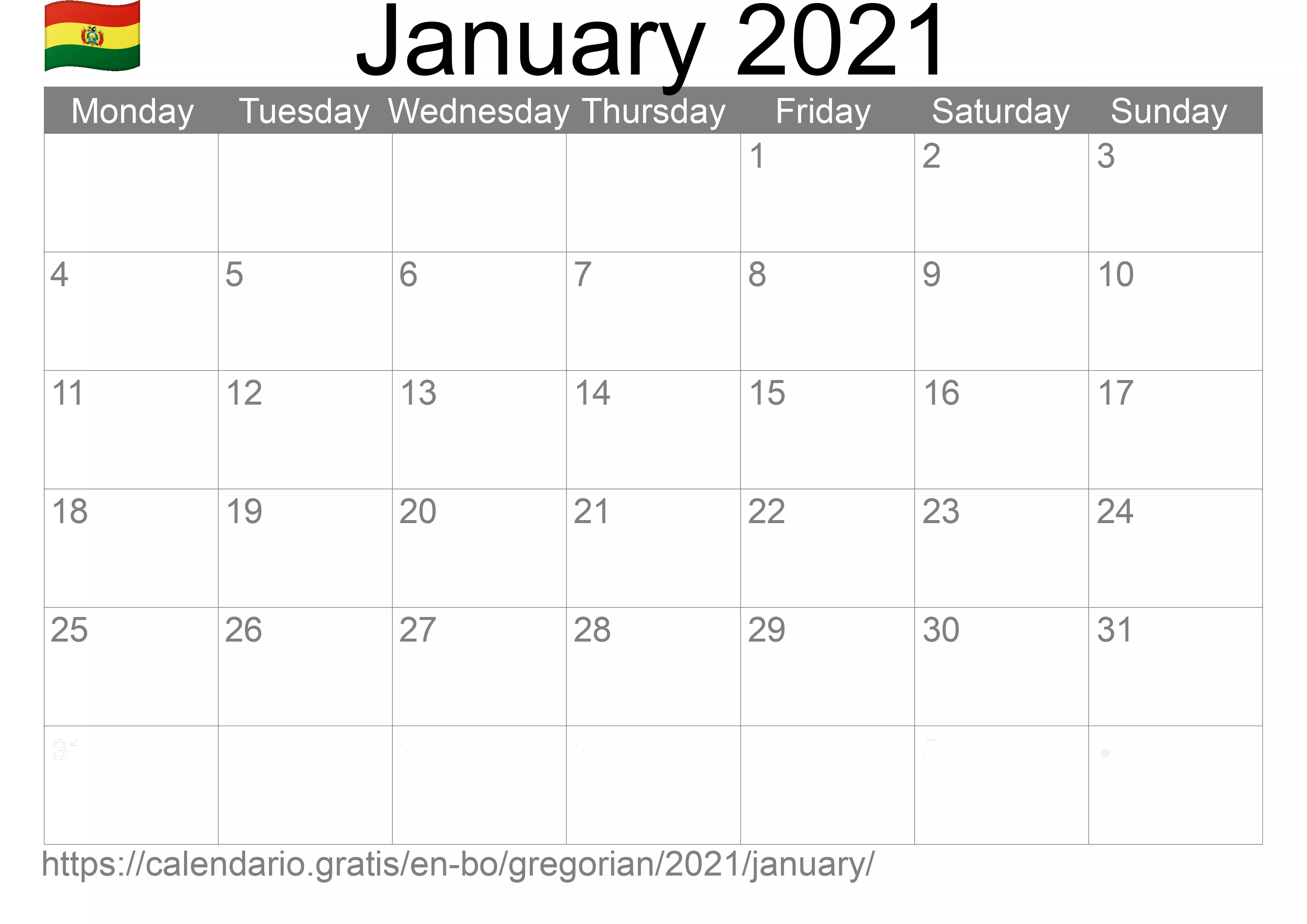 Calendar January 2021 to print (Bolivia)