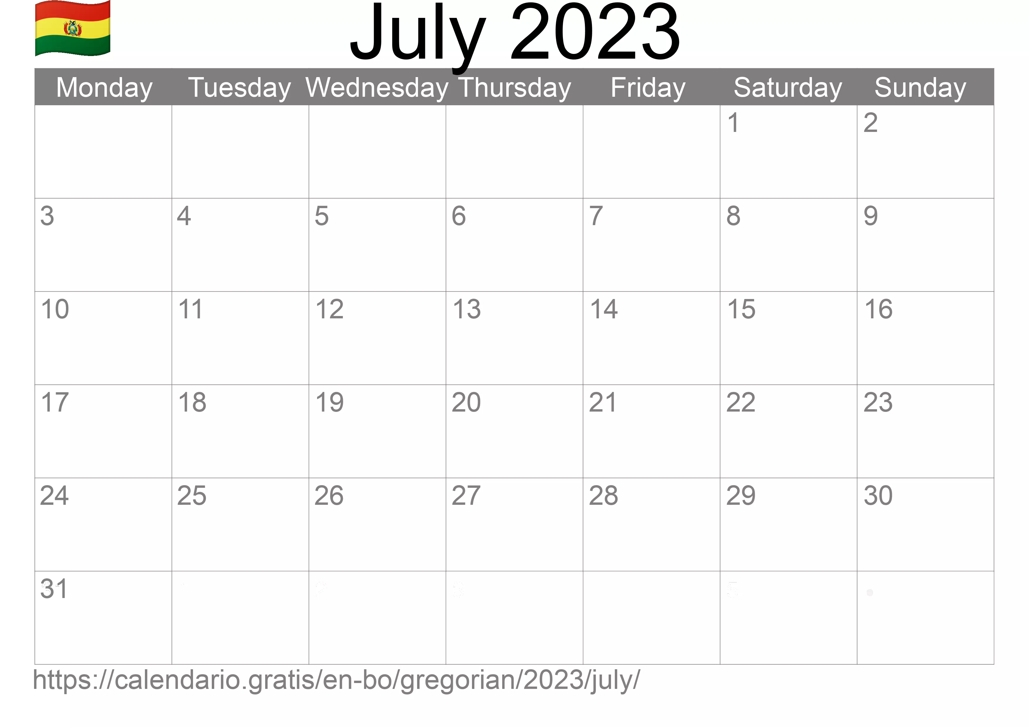 Calendar July 2023 to print (Bolivia)