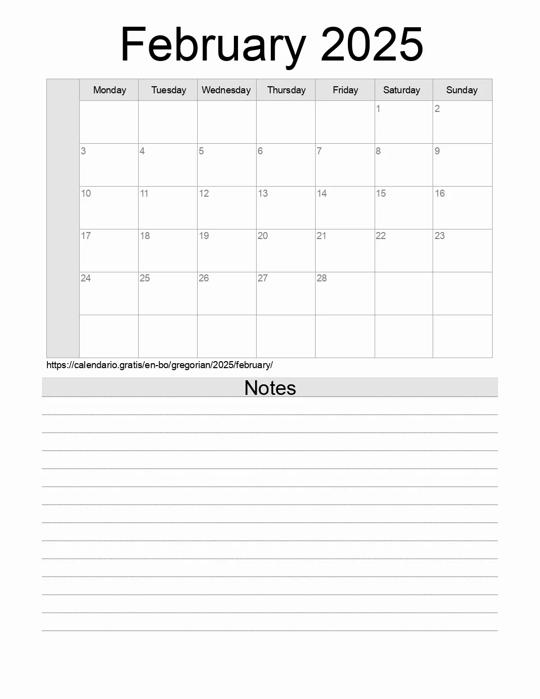 Calendar for printing with notes for 2025 February . (Bolivia) Calendar for printing with notes for 2025 February . (Bolivia)