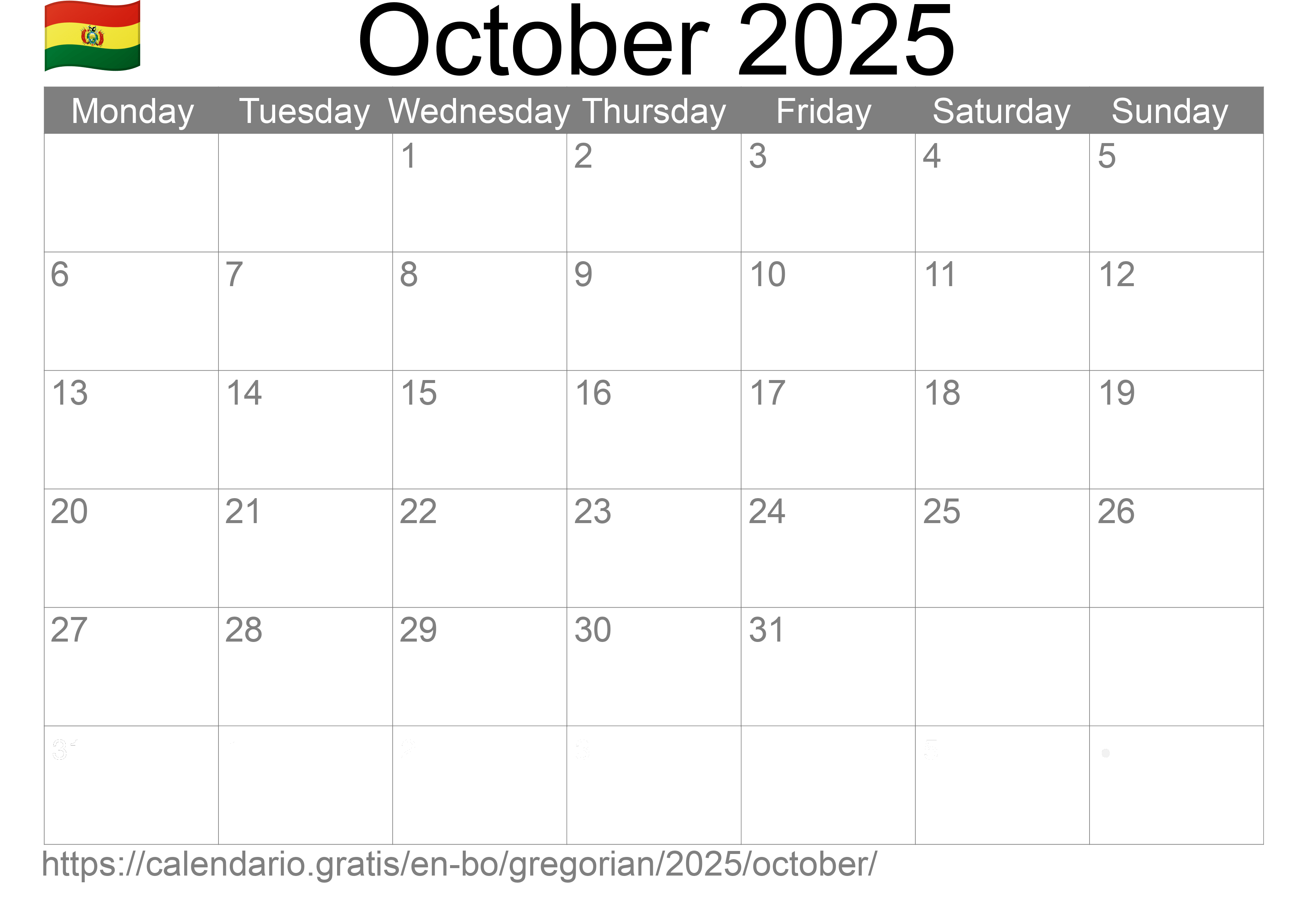 Calendar October 2025 to print