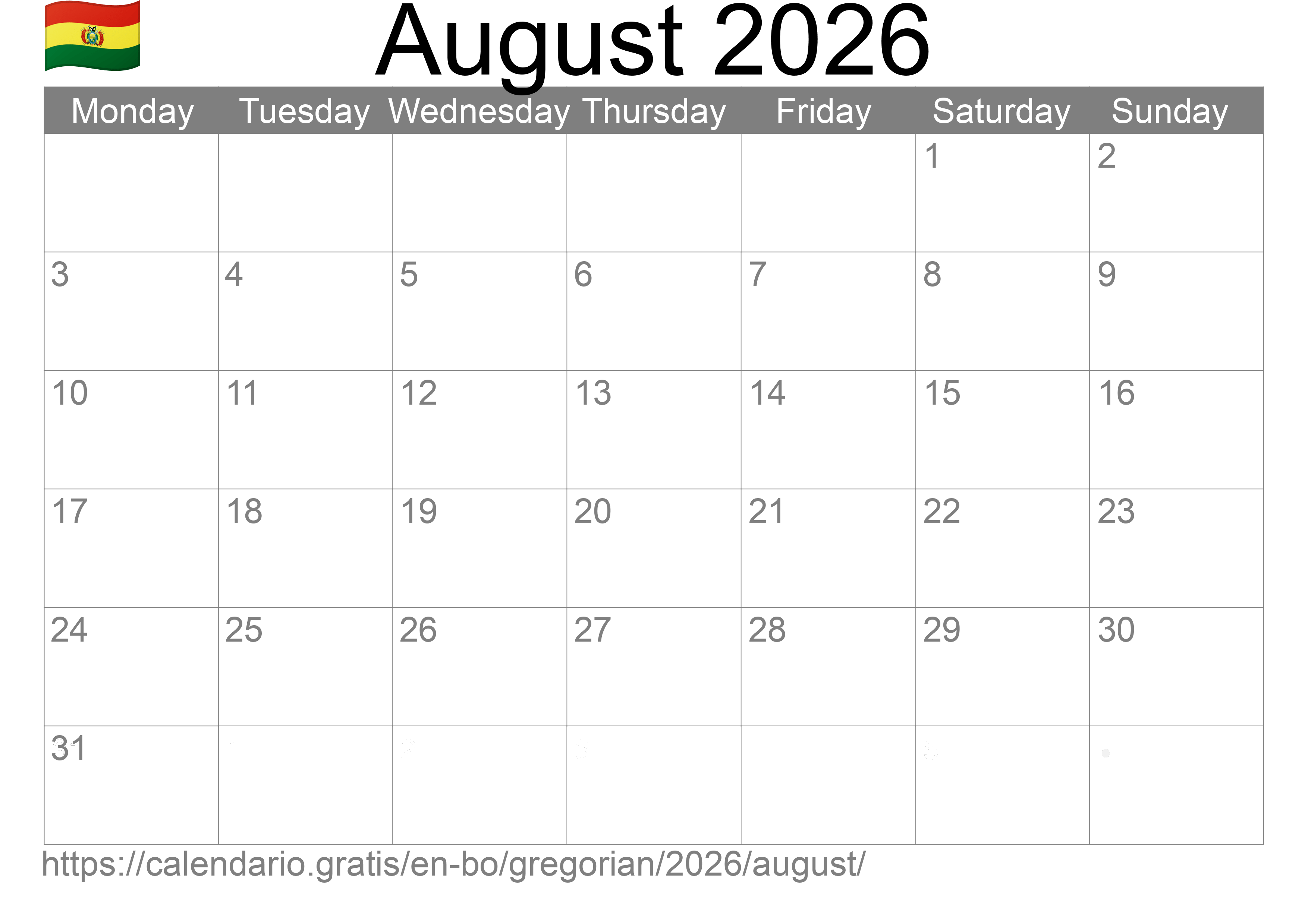 Calendar August 2026 to print