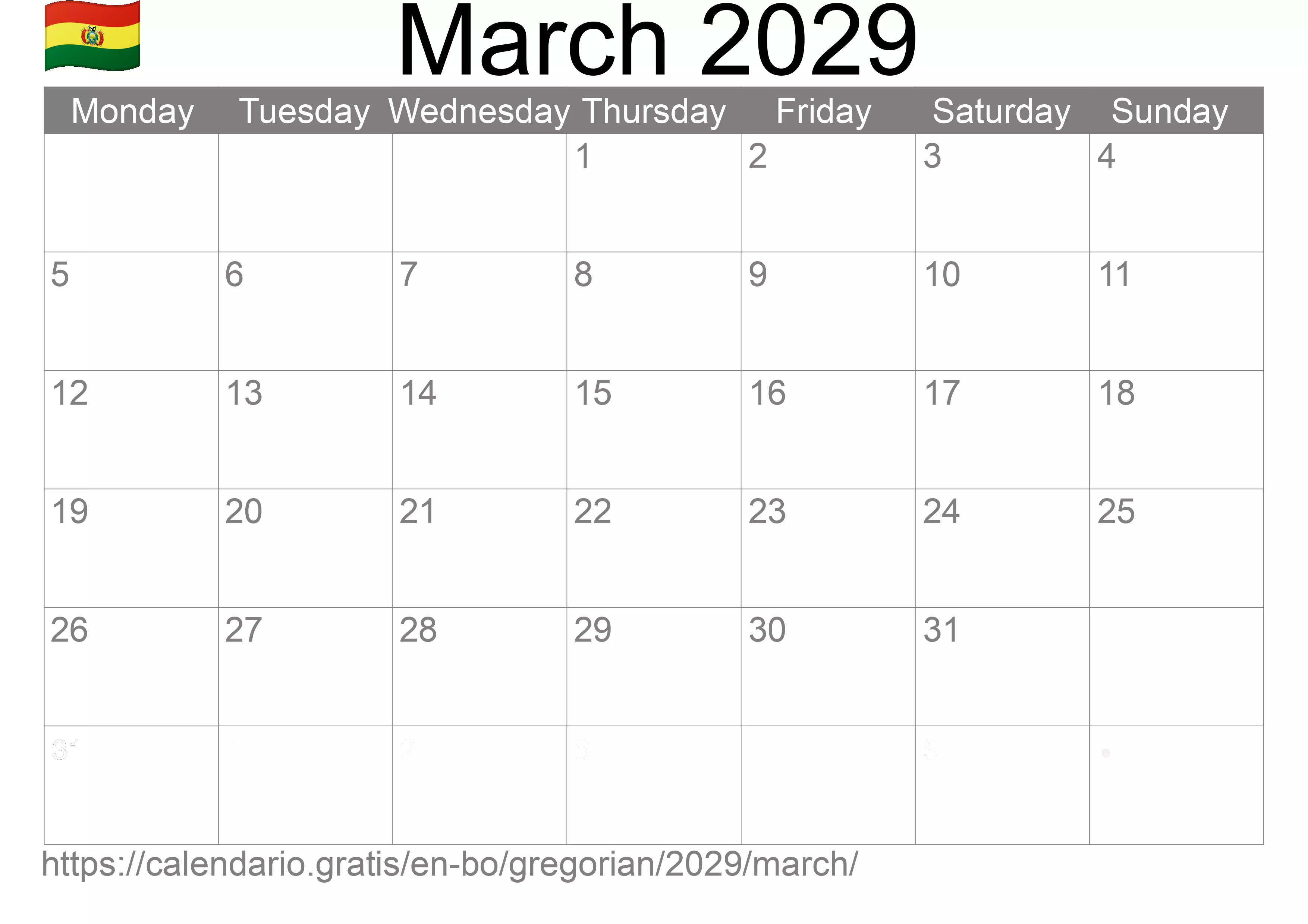 Calendar March 2029 to print (Bolivia) Calendar March 2029 to print (Bolivia)