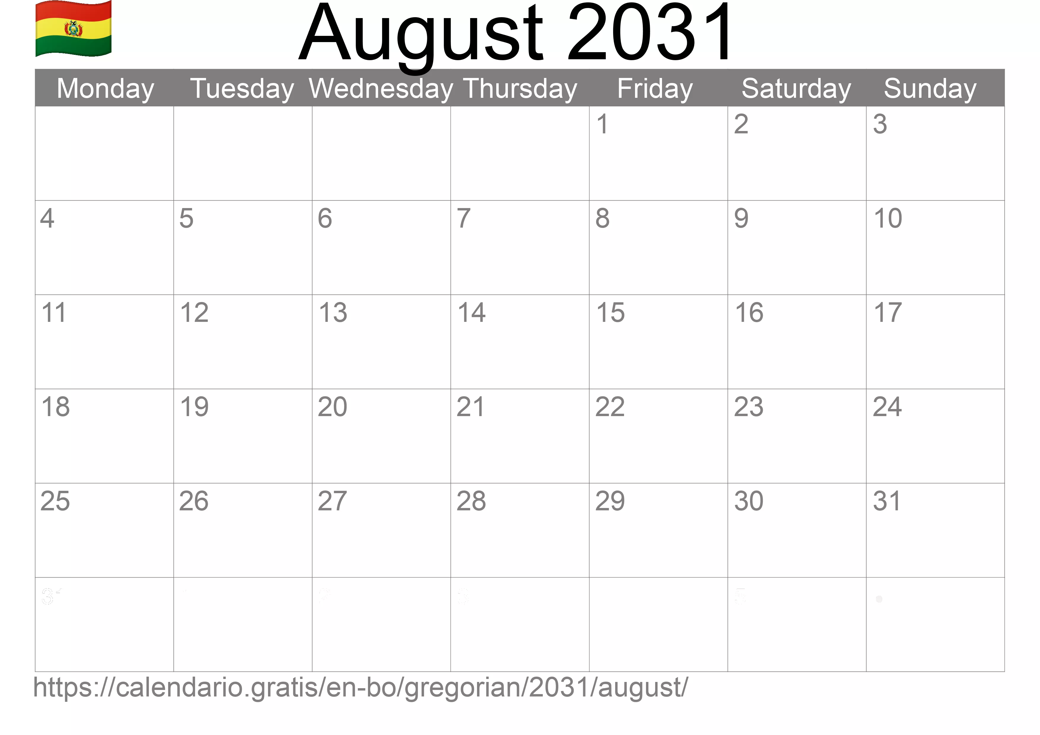 Calendar August 2031 to print (Bolivia)