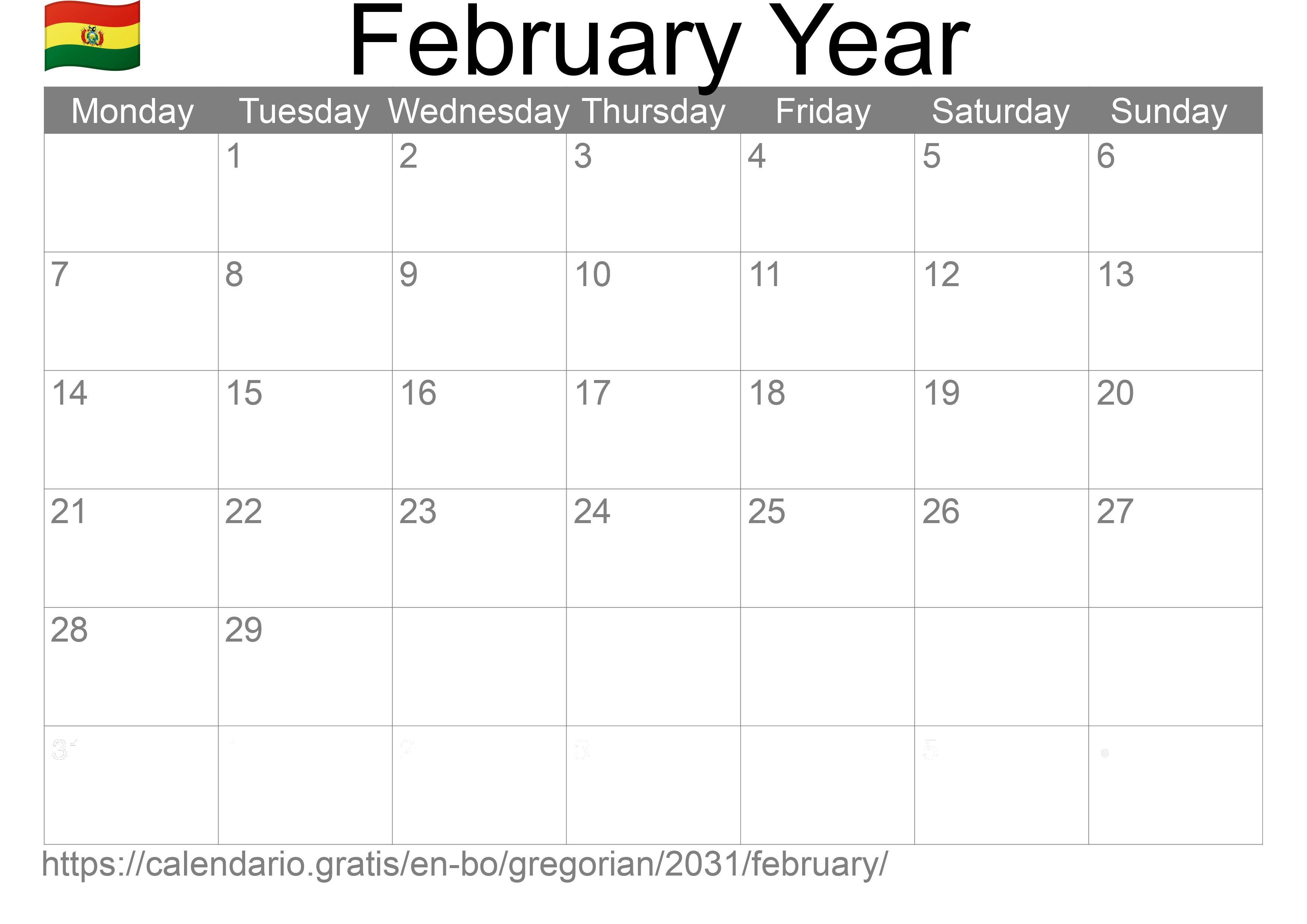 Calendar February 2031 to print