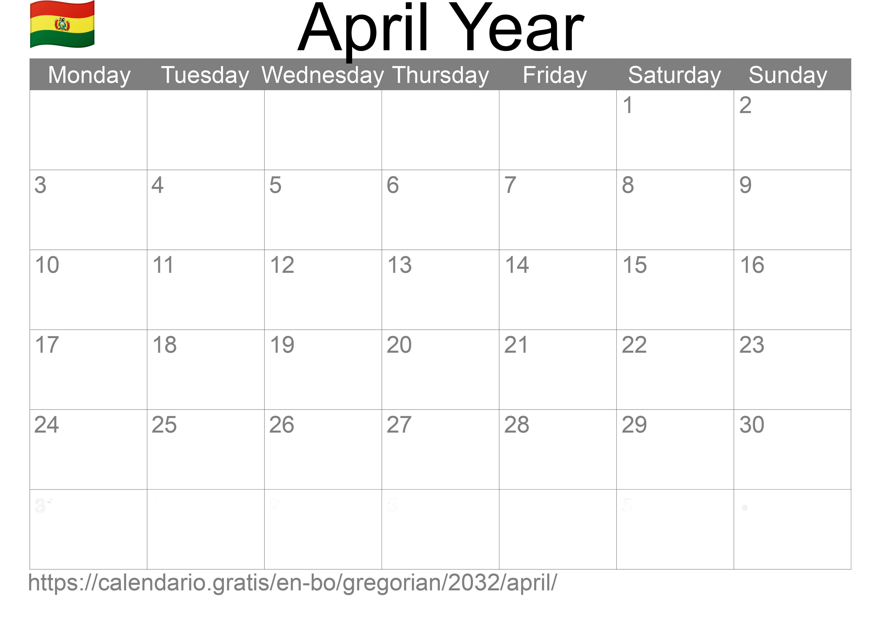 Calendar April 2032 to print