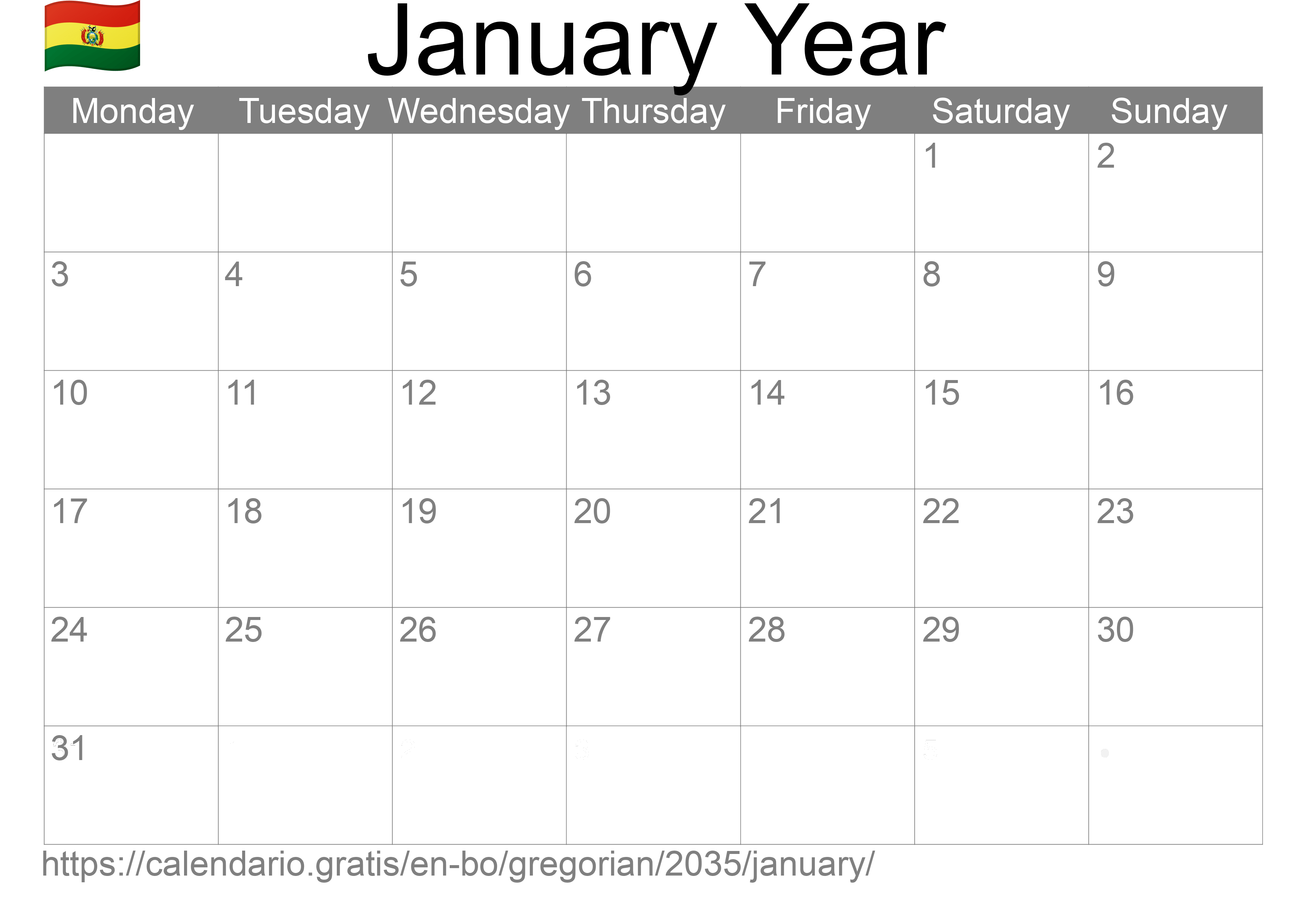 Calendar January 2035 to print