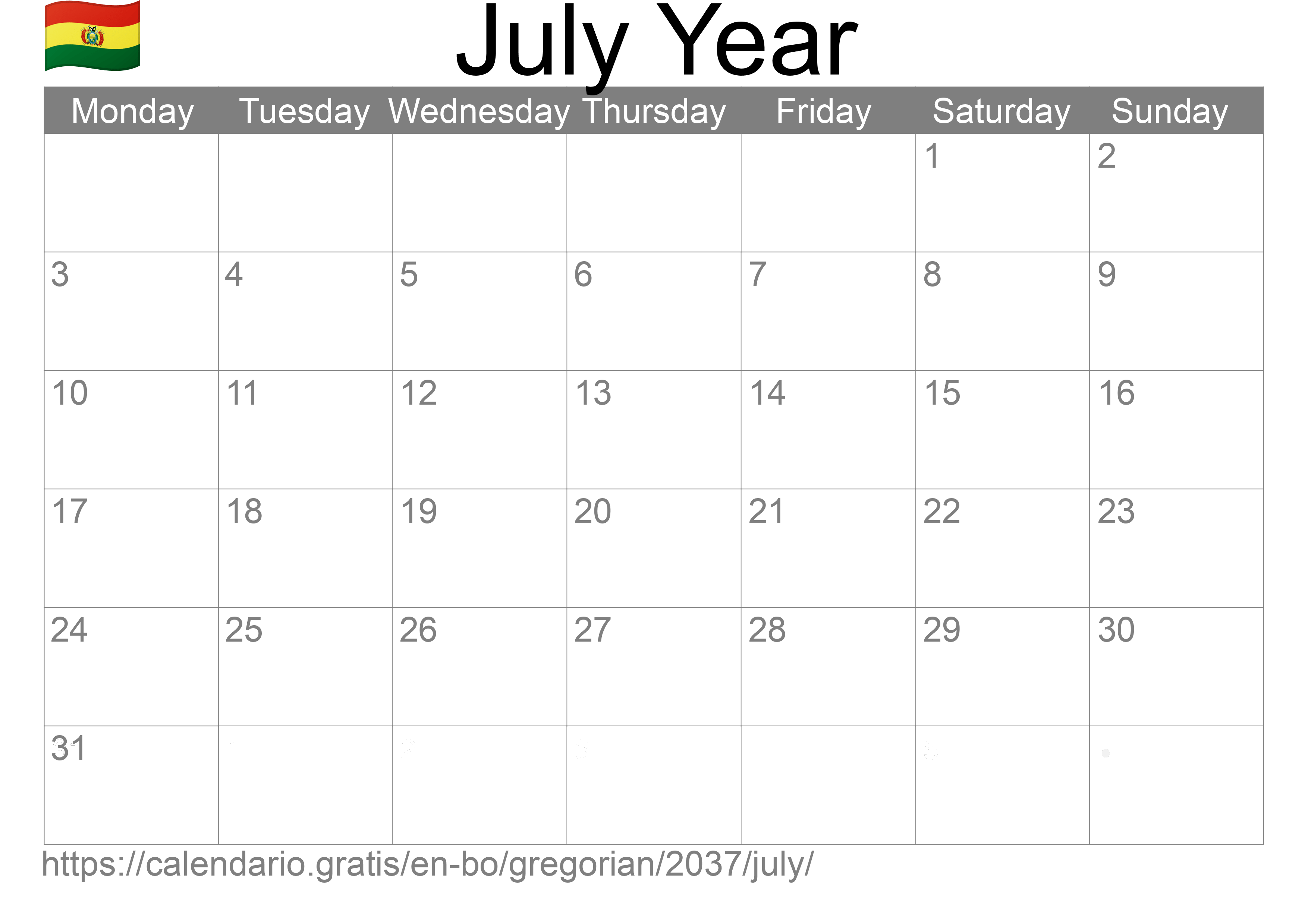 Calendar July 2037 to print