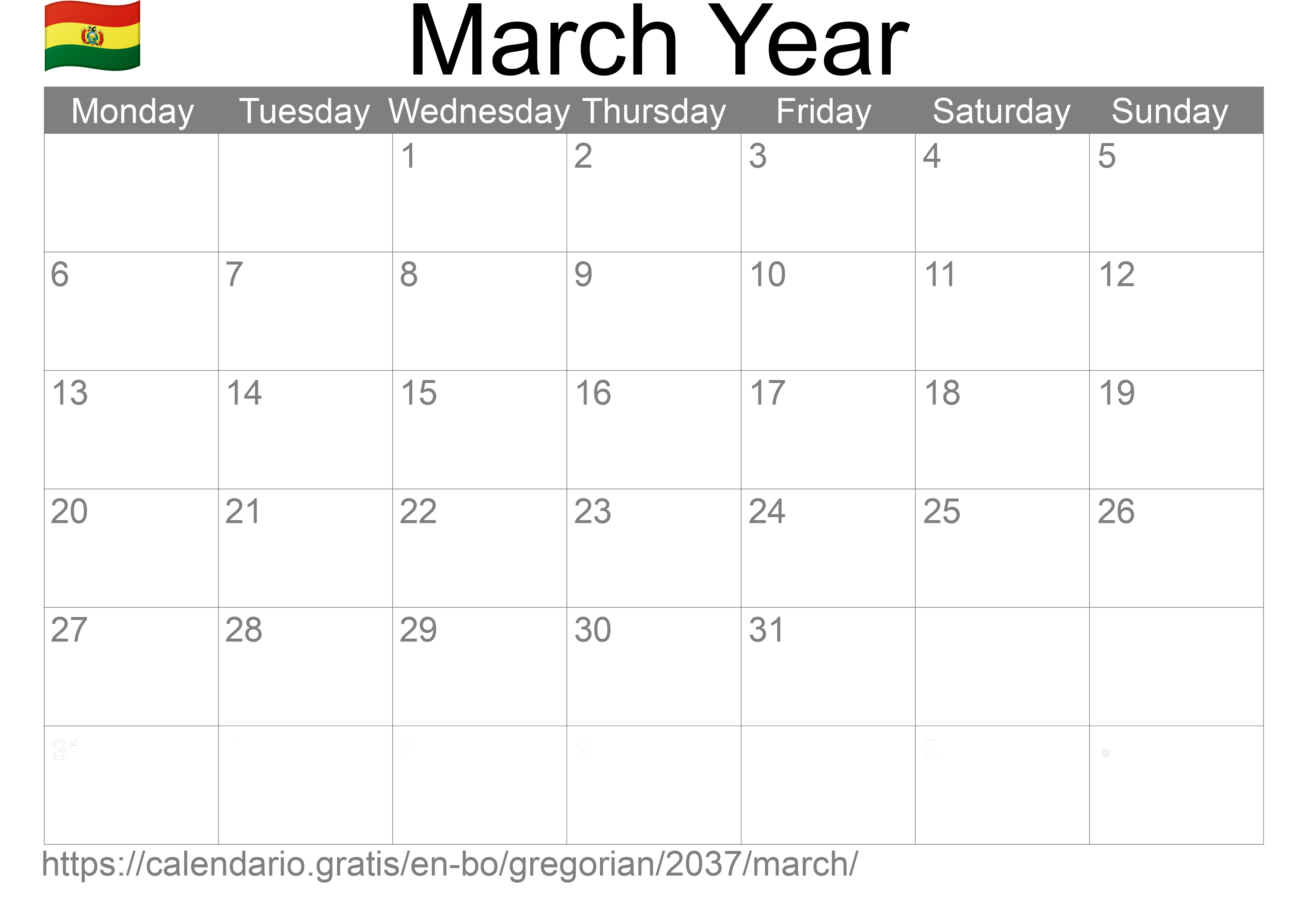 Calendar March 2037 to print