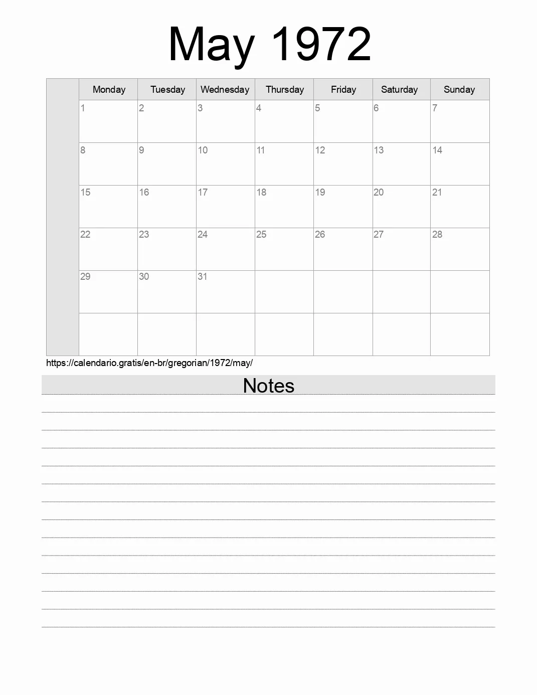 Calendar for printing with notes for 1972 May . (Brazil)