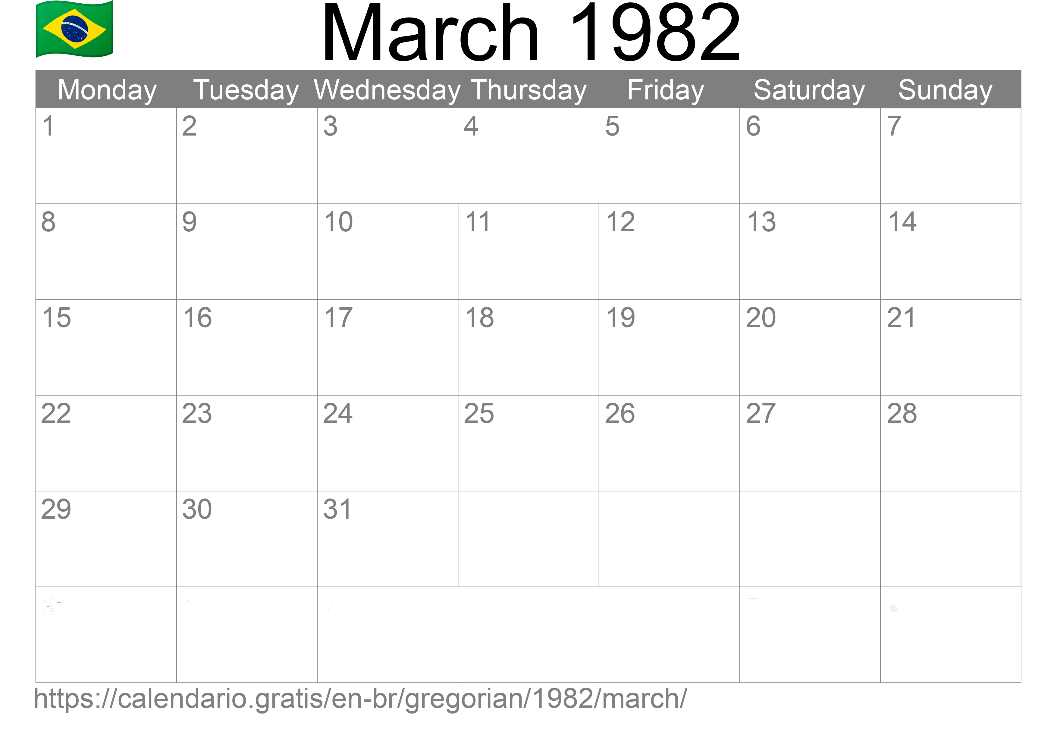 Calendar March 1982 to print