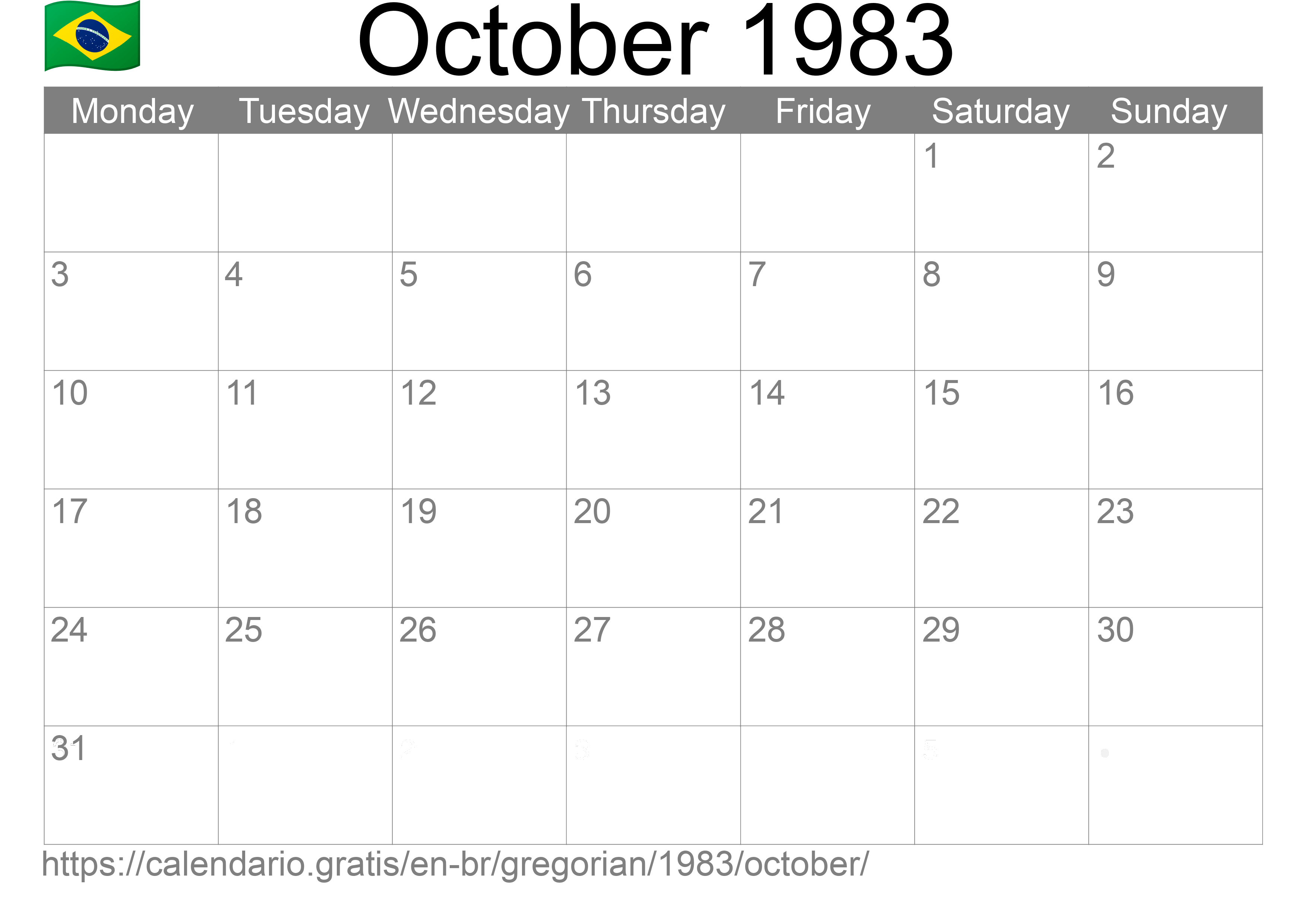 Calendar October 1983 to print