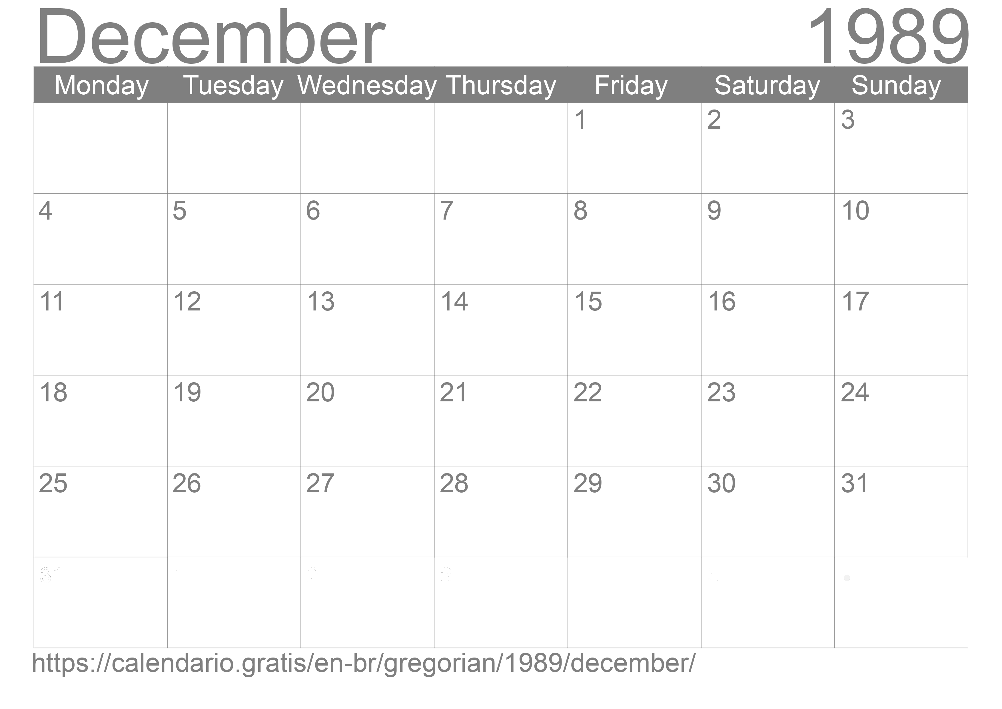 Calendar December 1989 to print