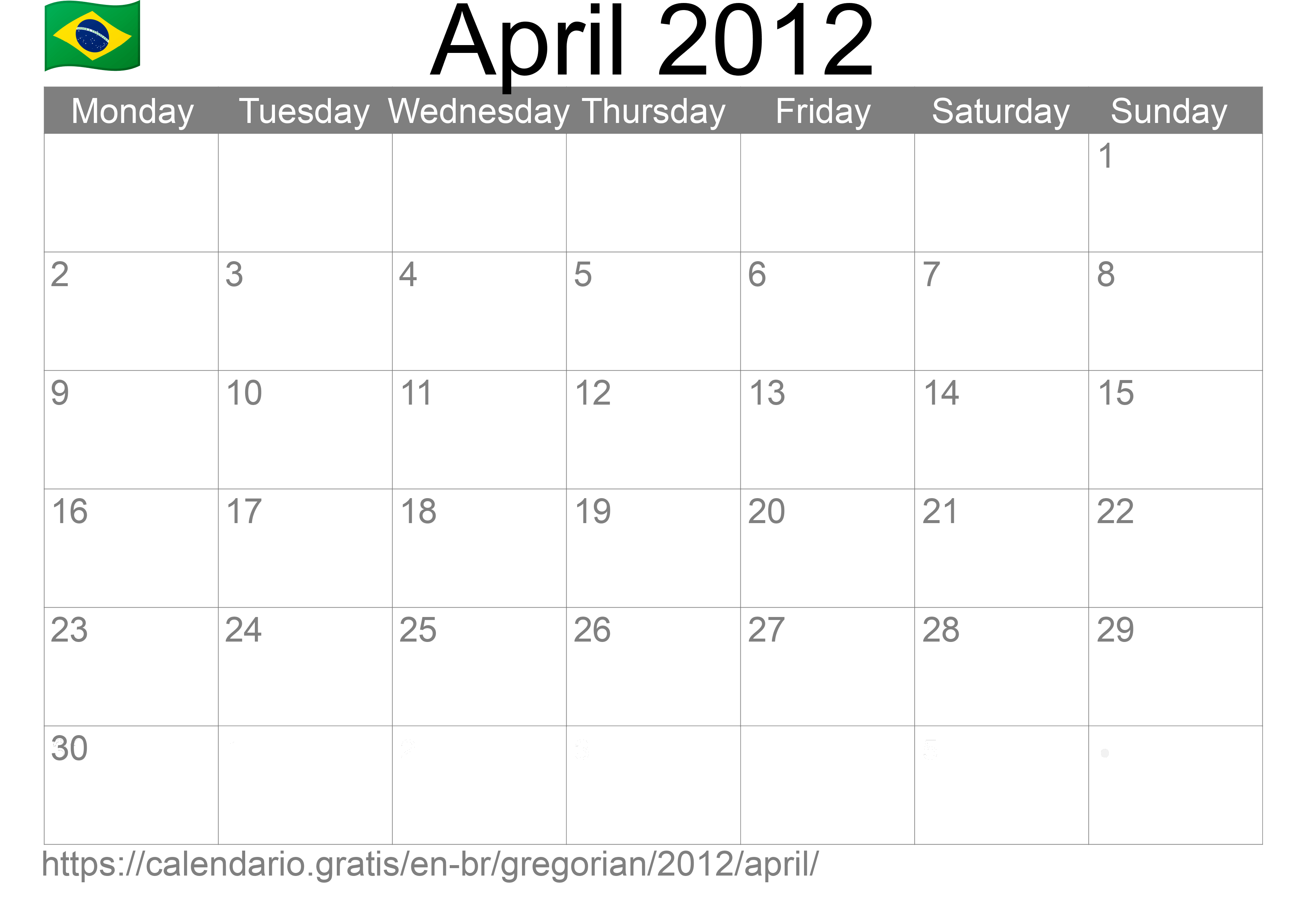 Calendar April 2012 to print