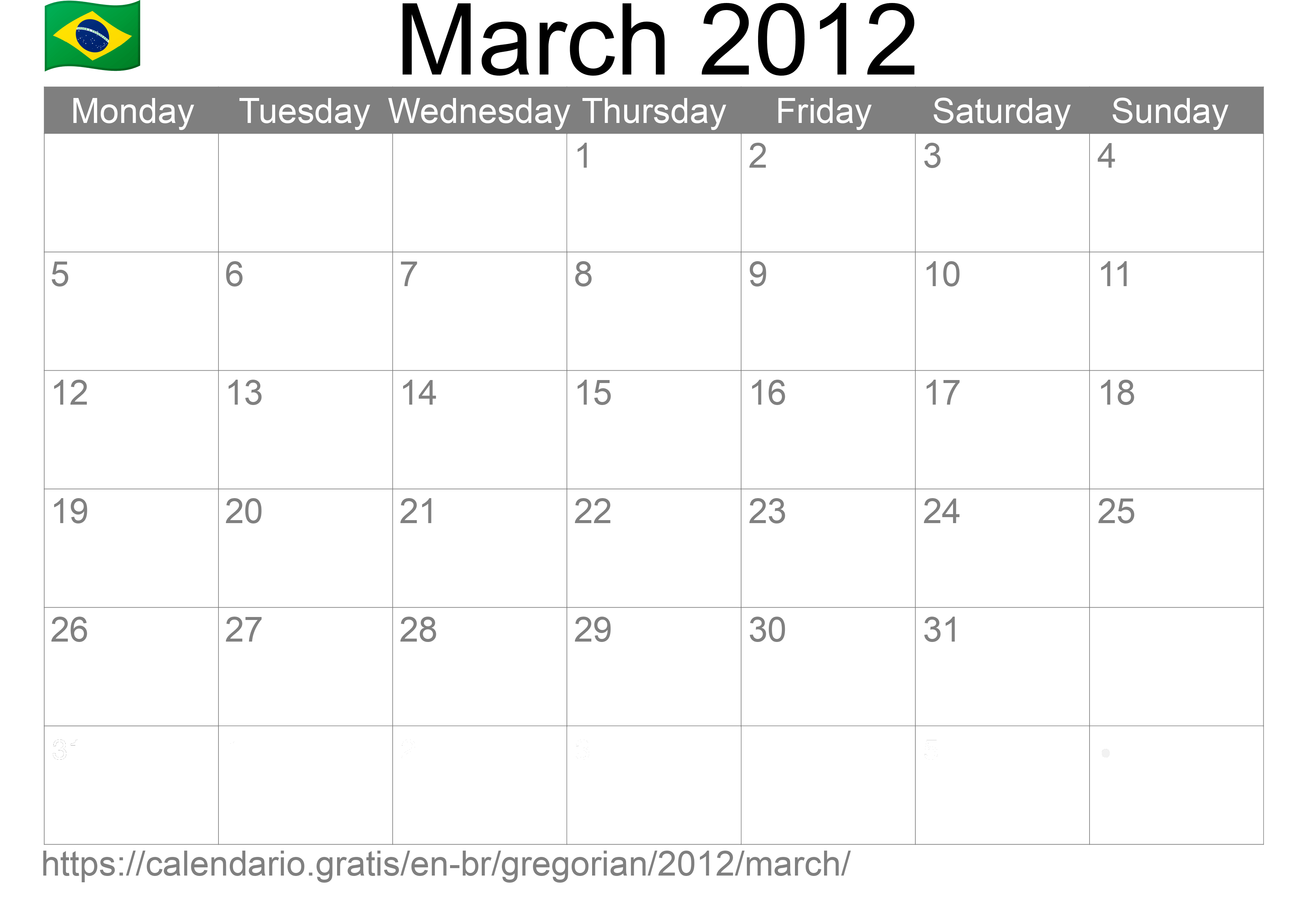 Calendar March 2012 to print