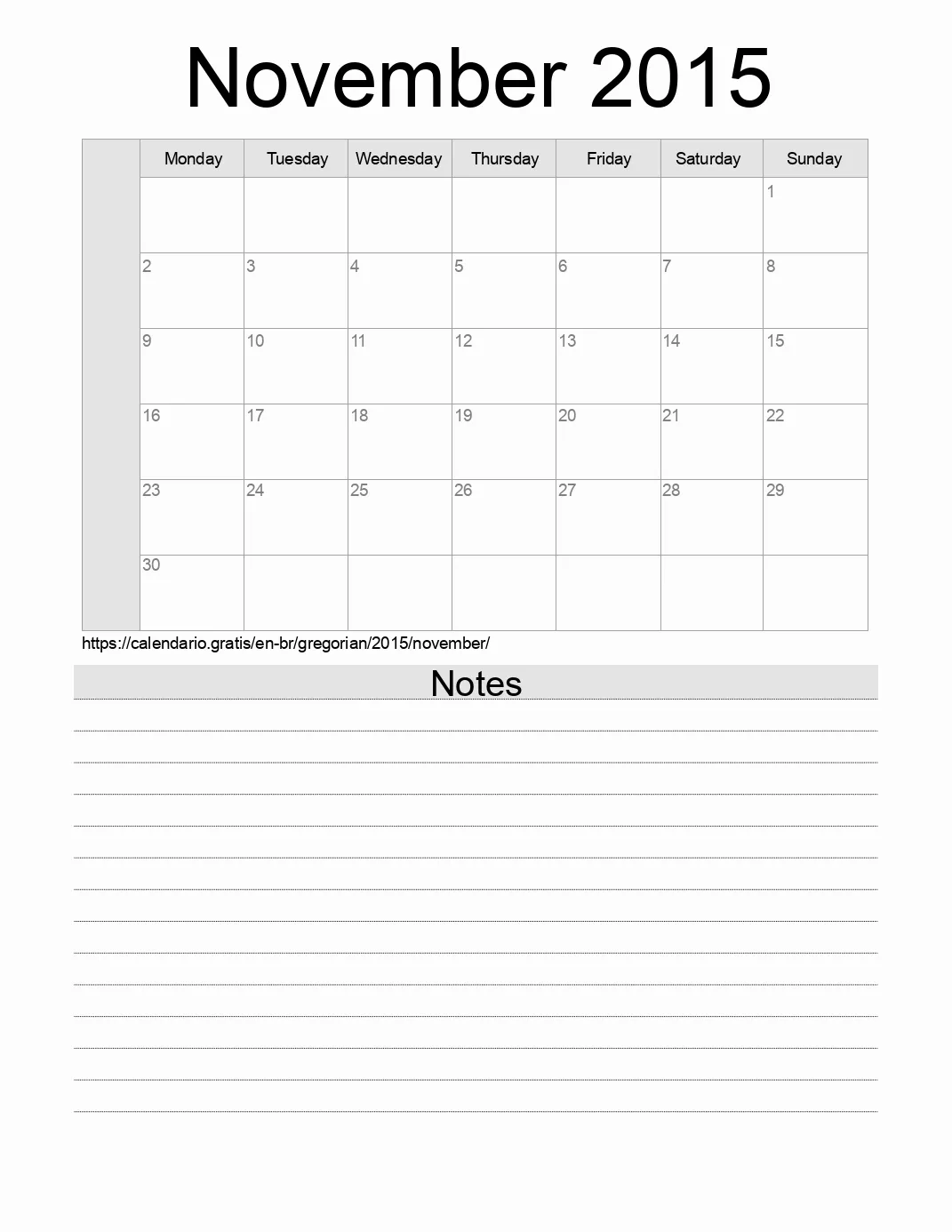 Calendar for printing with notes for 2015 November . (Brazil)