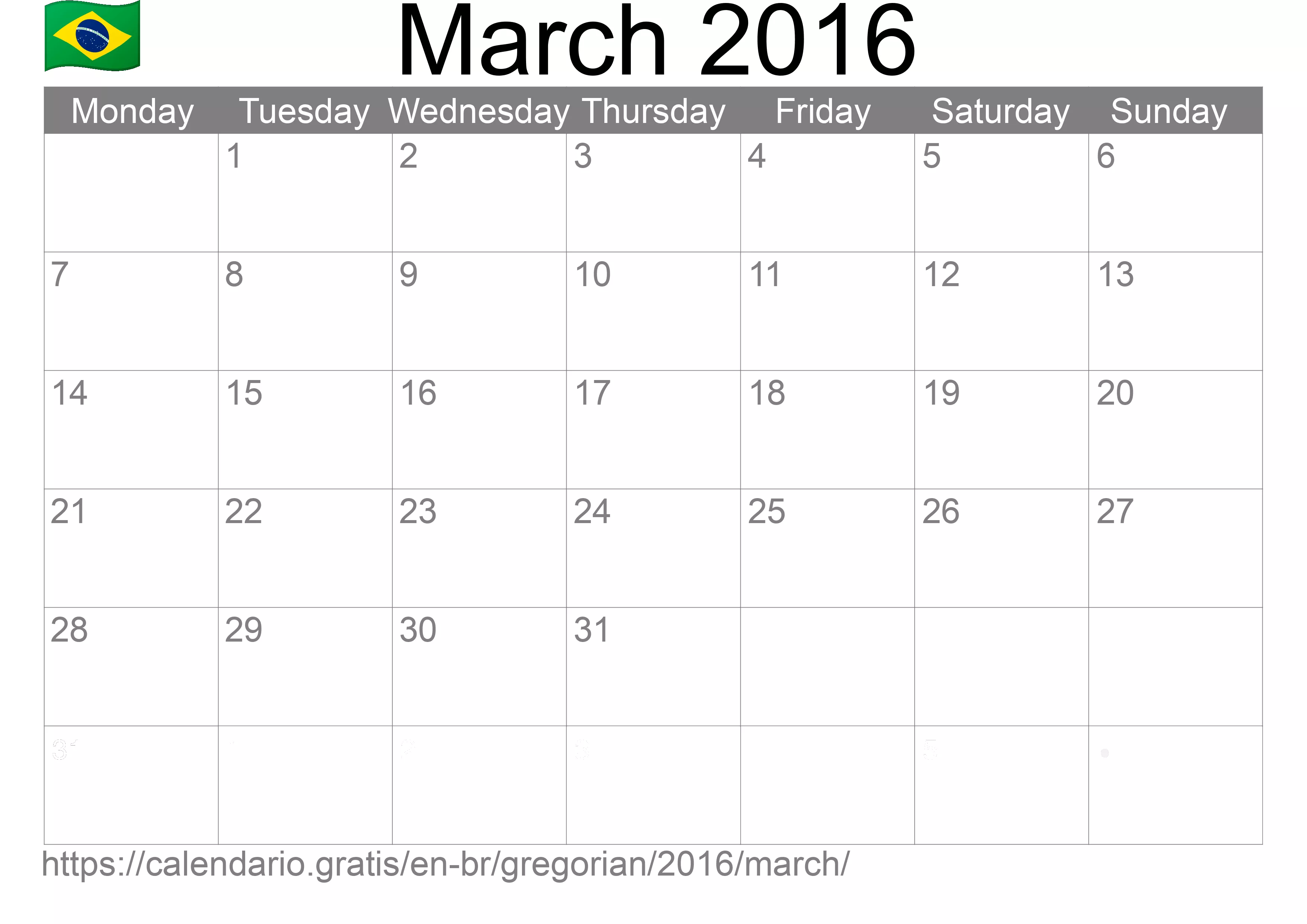 Calendar March 2016 to print (Brazil)