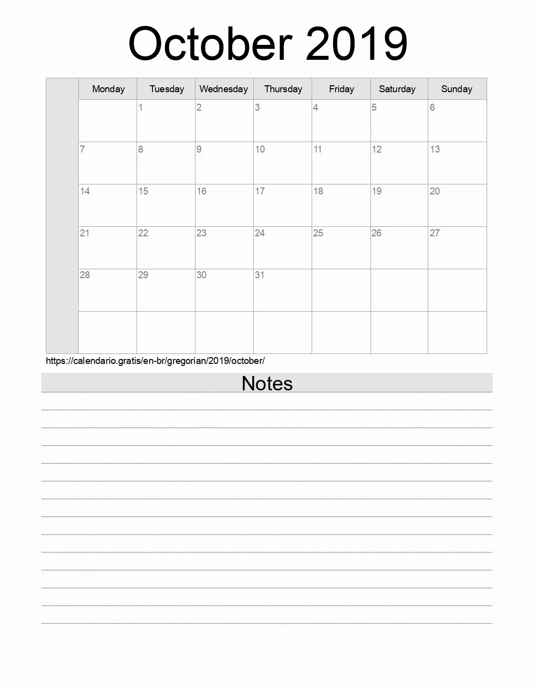 Calendar for printing with notes for 2019 October . (Brazil)