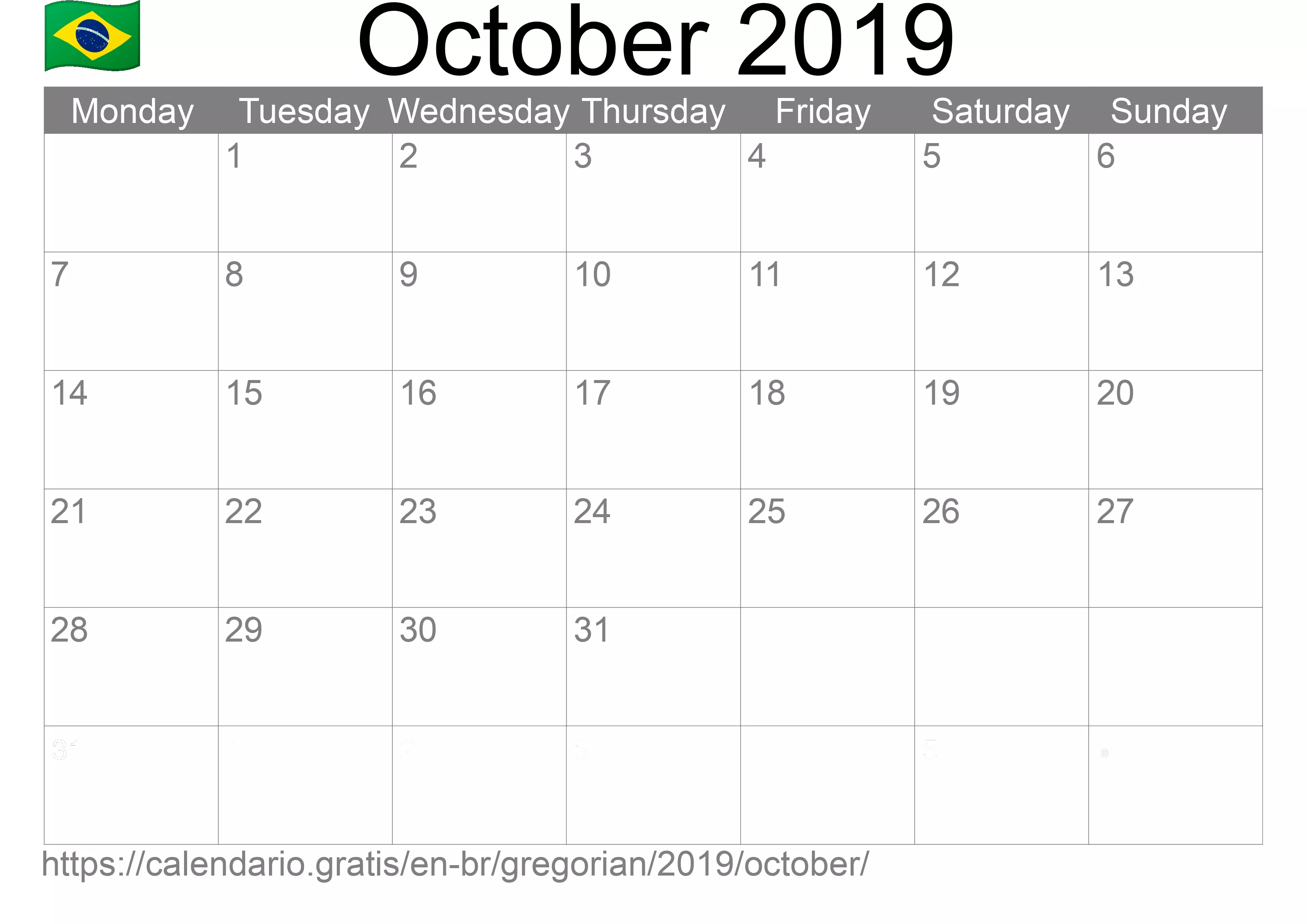 Calendar October 2019 to print (Brazil)