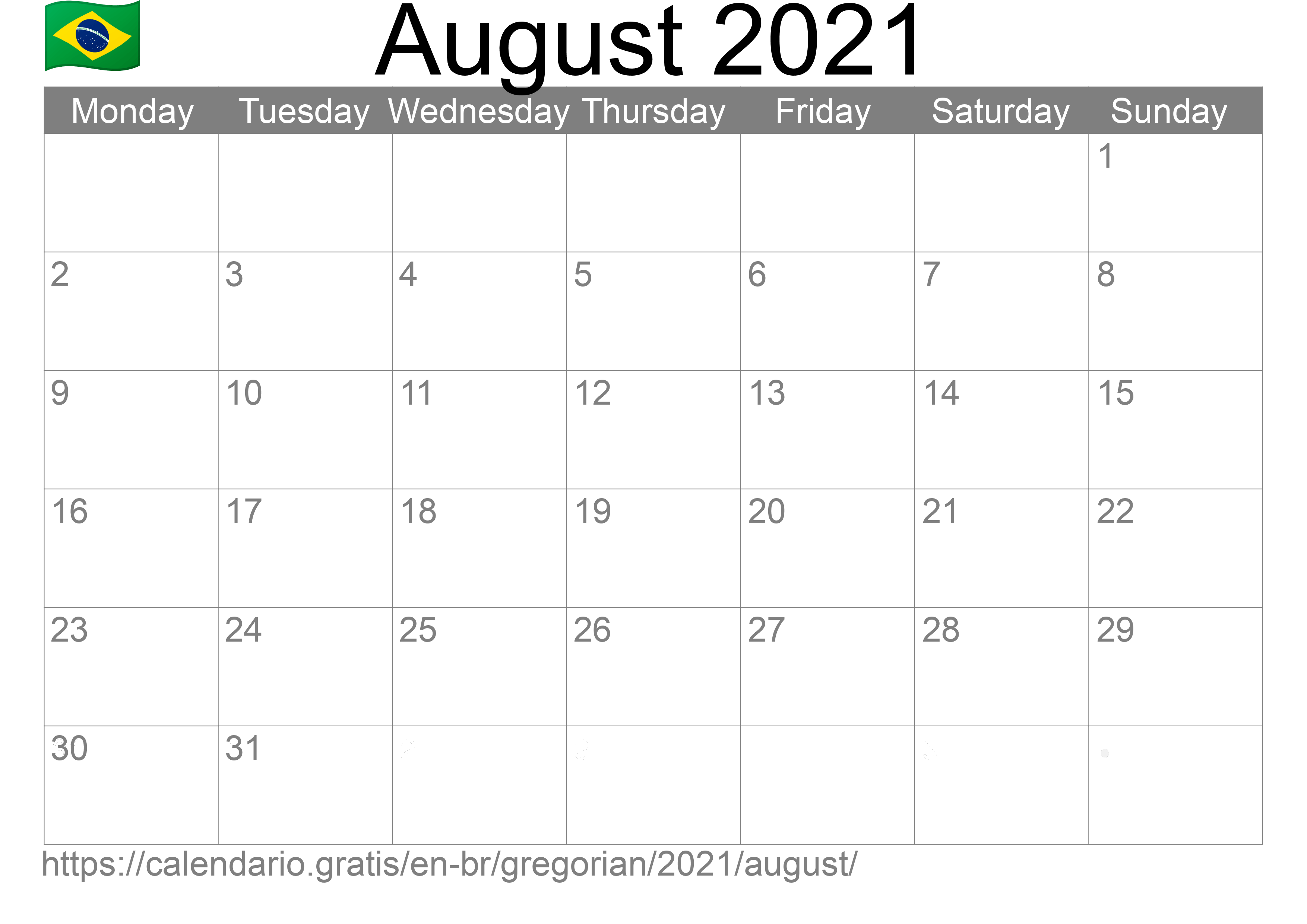 Calendar August 2021 to print