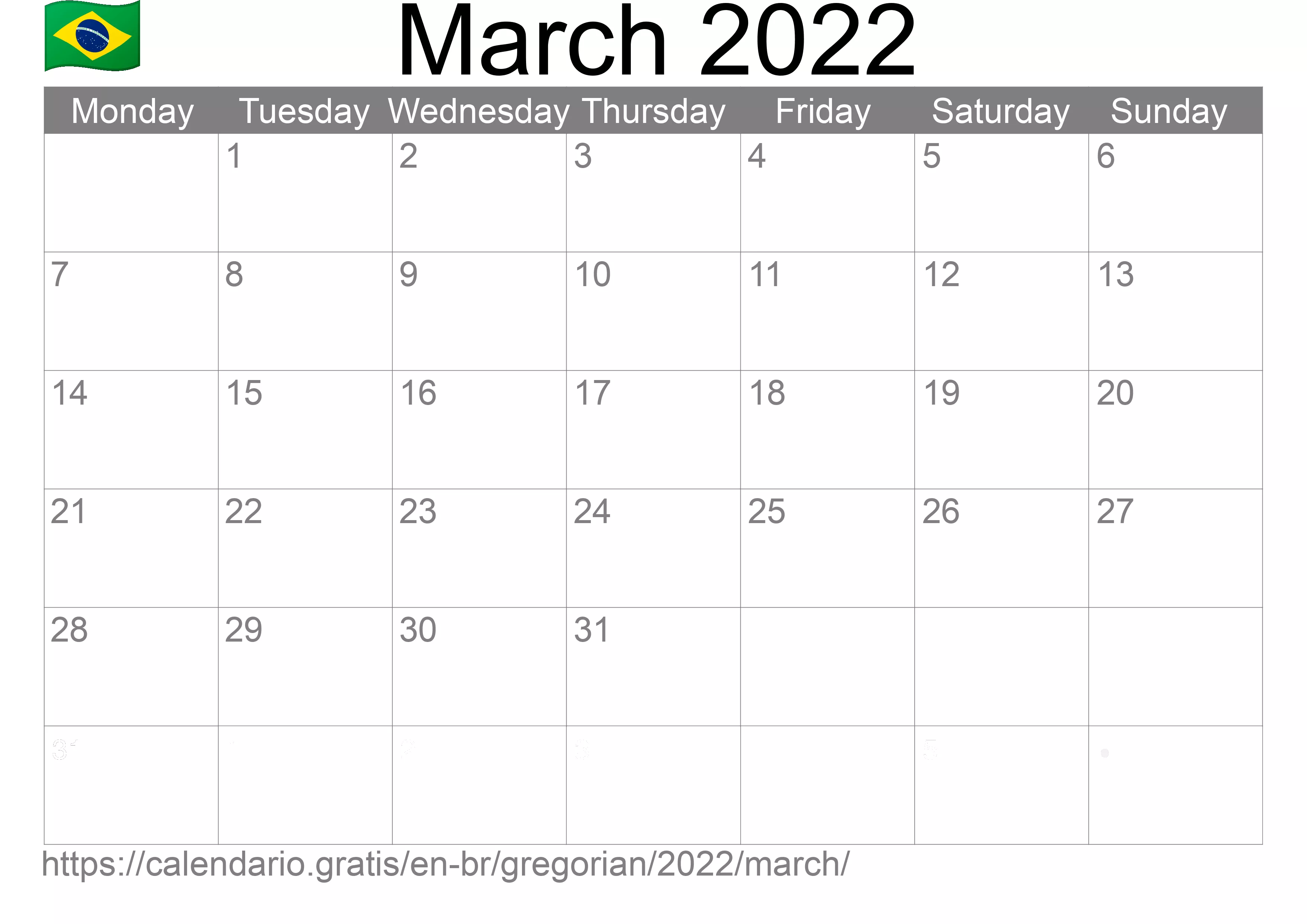 Calendar March 2022 to print (Brazil) Calendar March 2022 to print (Brazil)