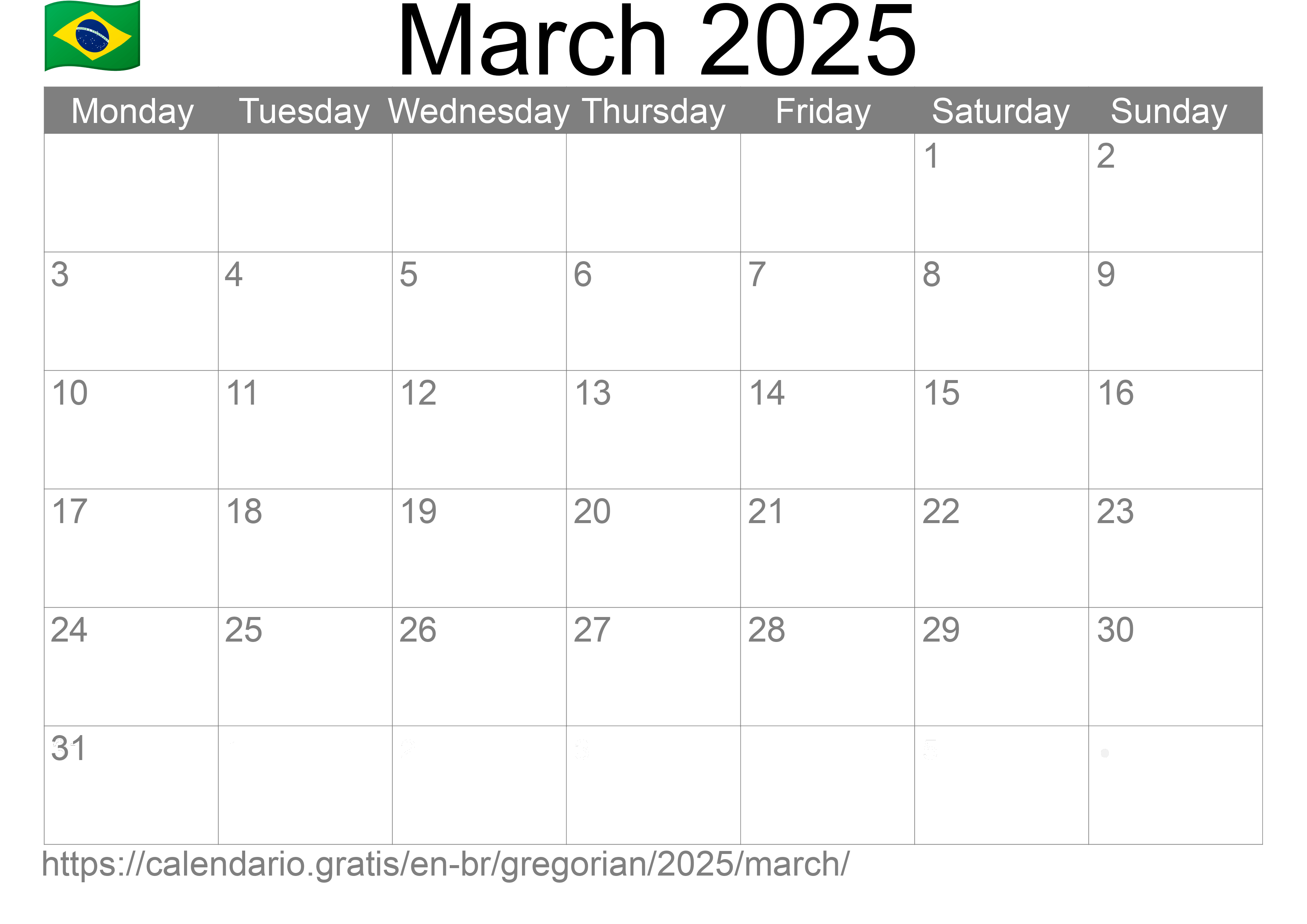 Calendar March 2025 to print