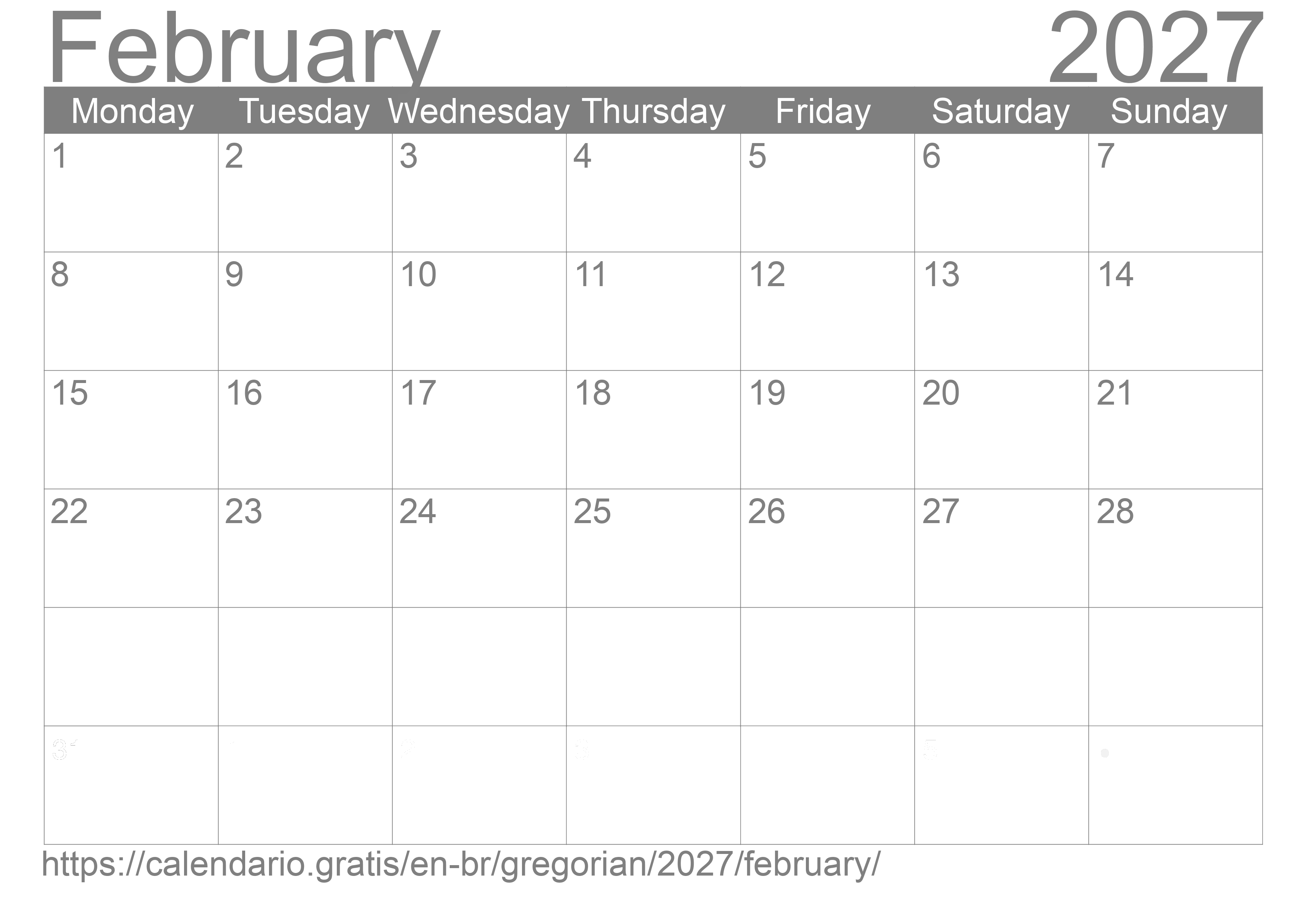 Calendar February 2027 to print