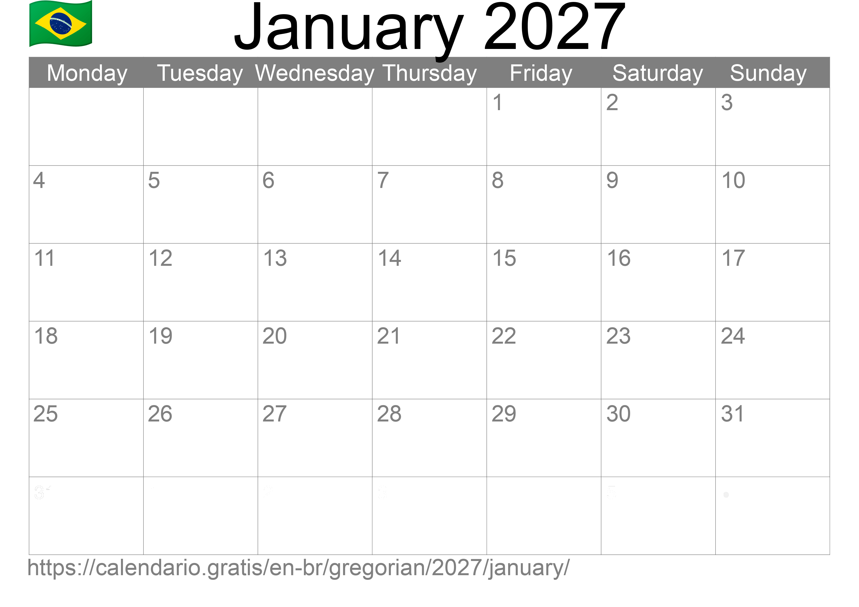 Calendar January 2027 to print