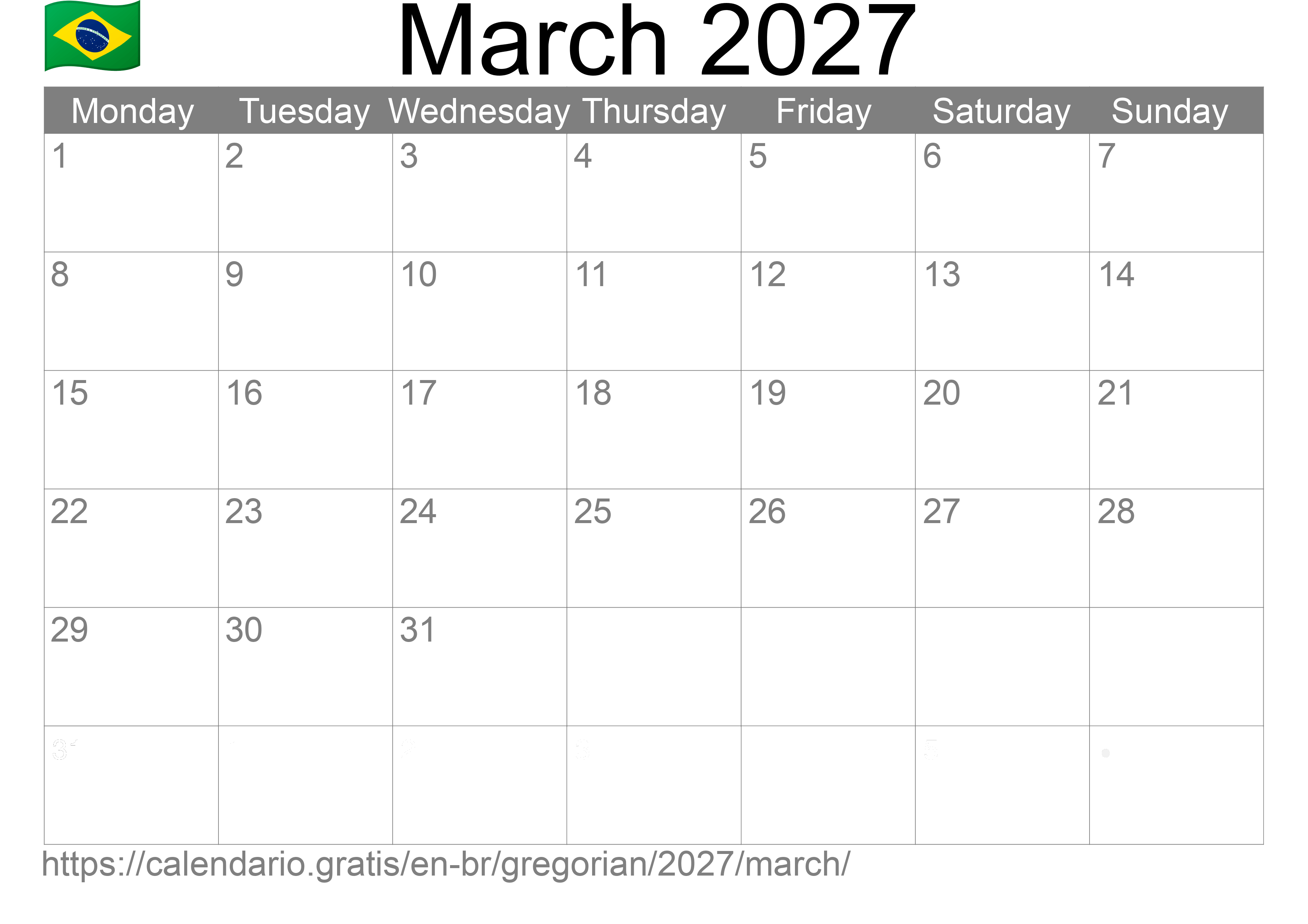 Calendar March 2027 to print