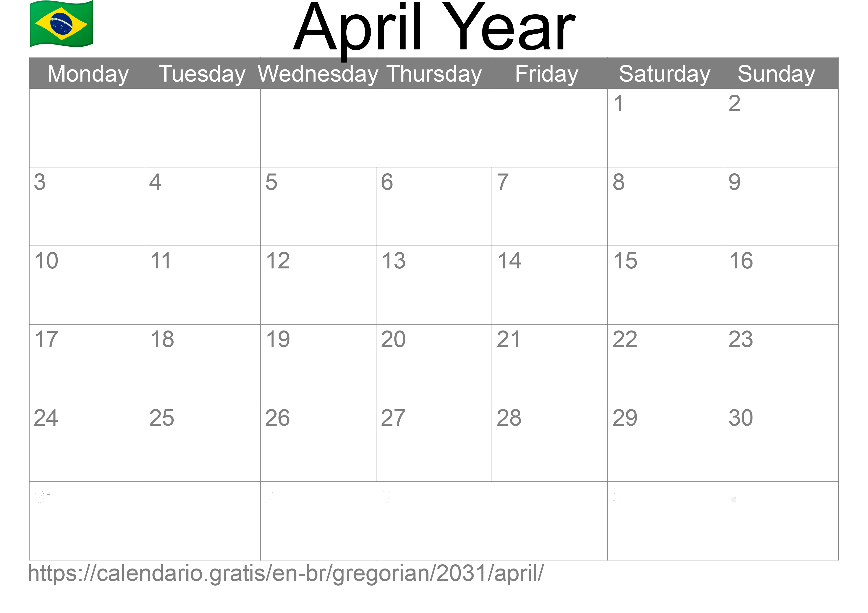 Calendar April 2031 to print