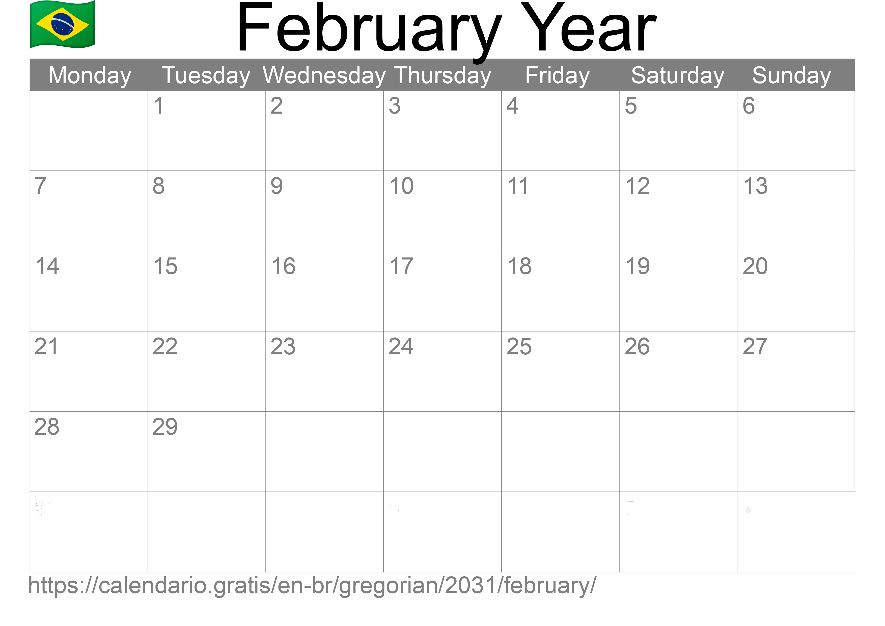 Calendar February 2031 to print