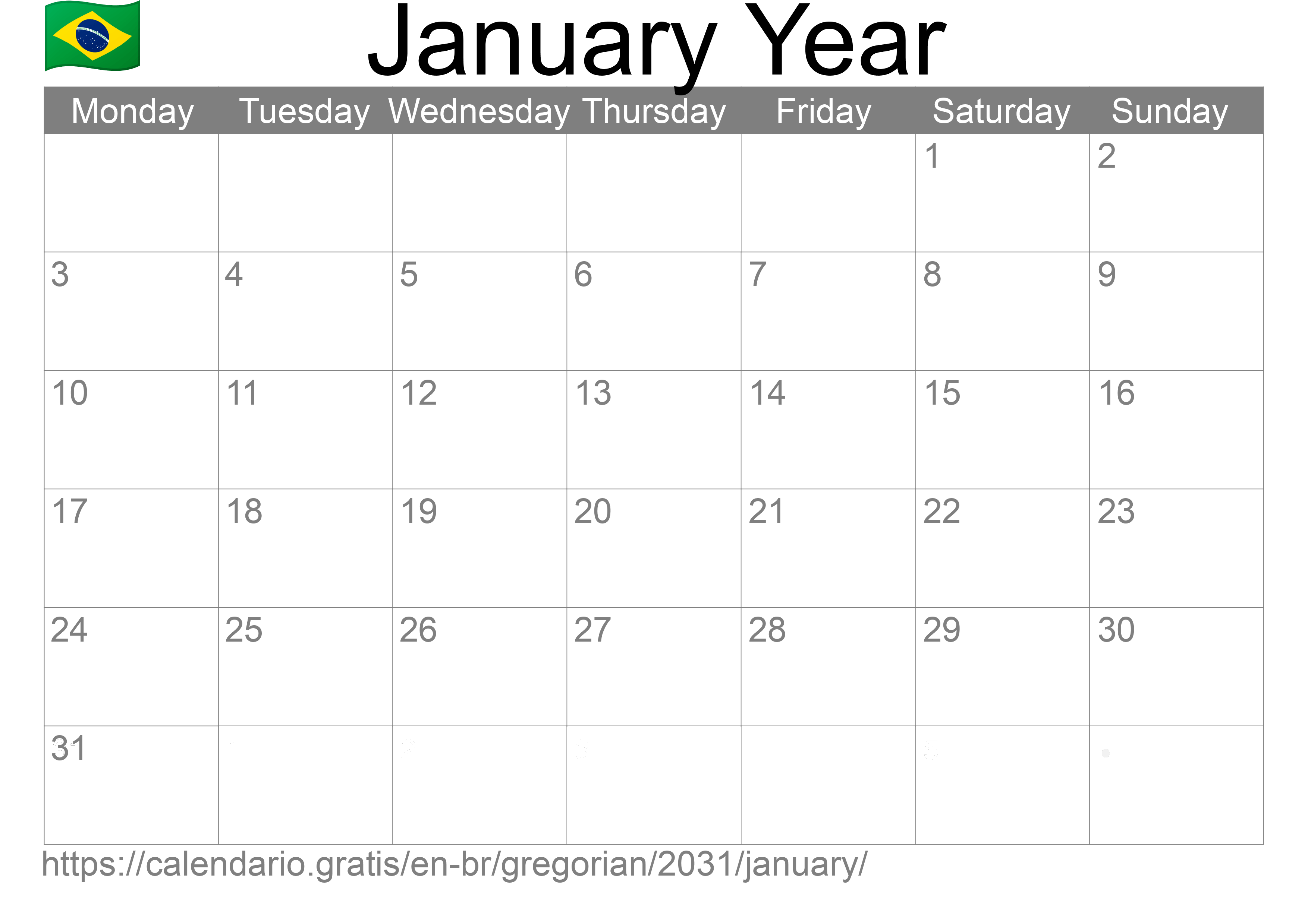 Calendar January 2031 to print