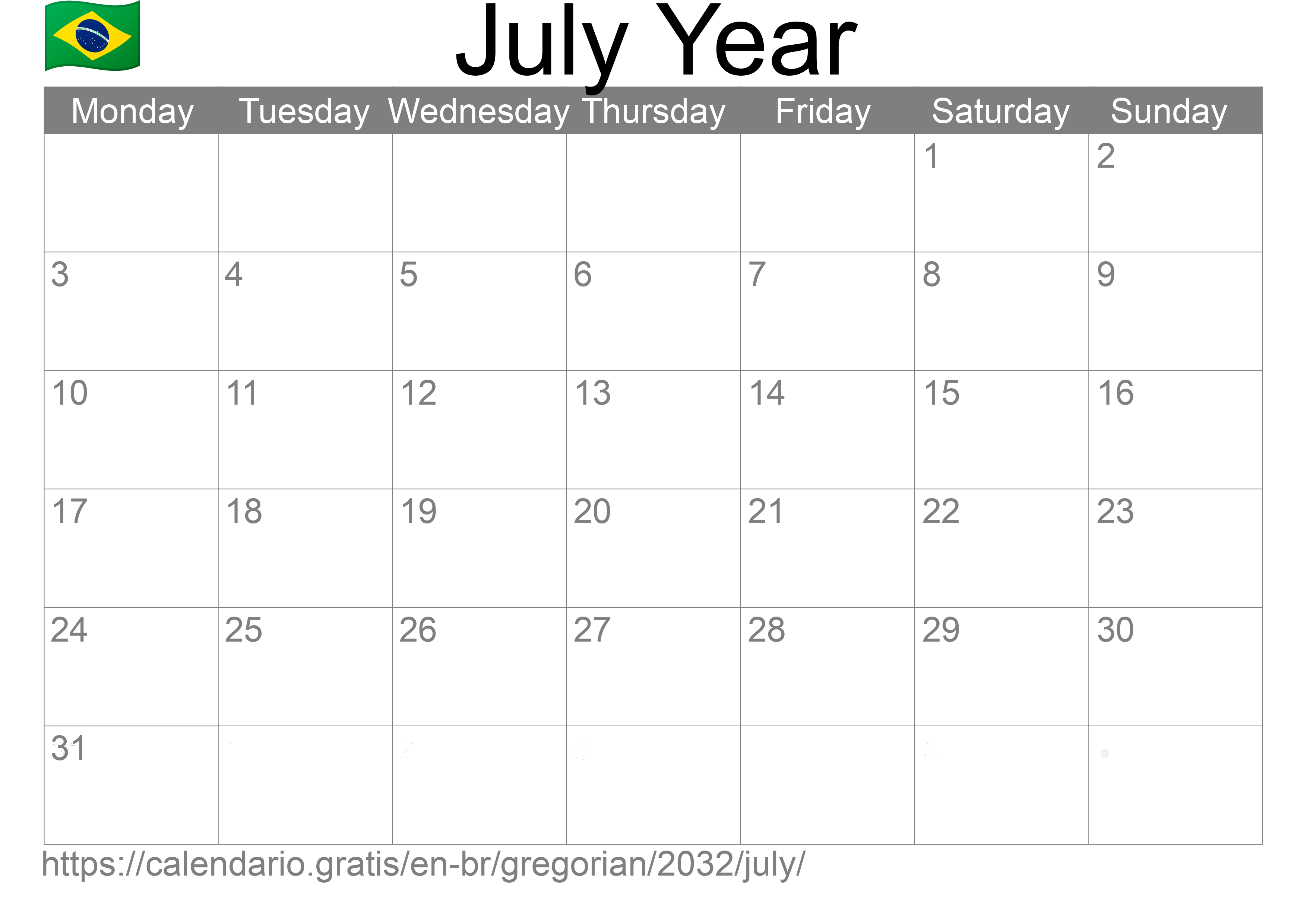 Calendar July 2032 to print