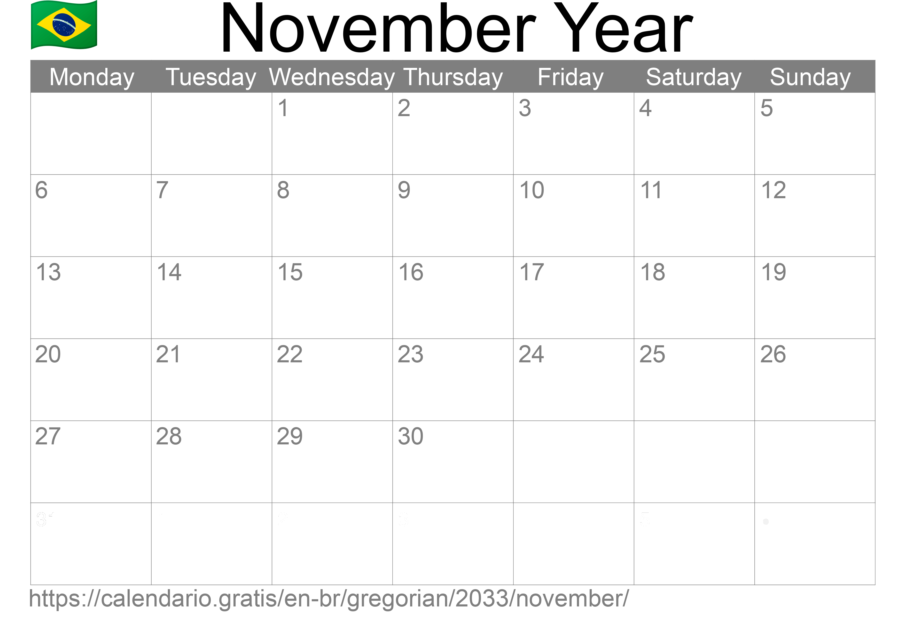 Calendar November 2033 to print