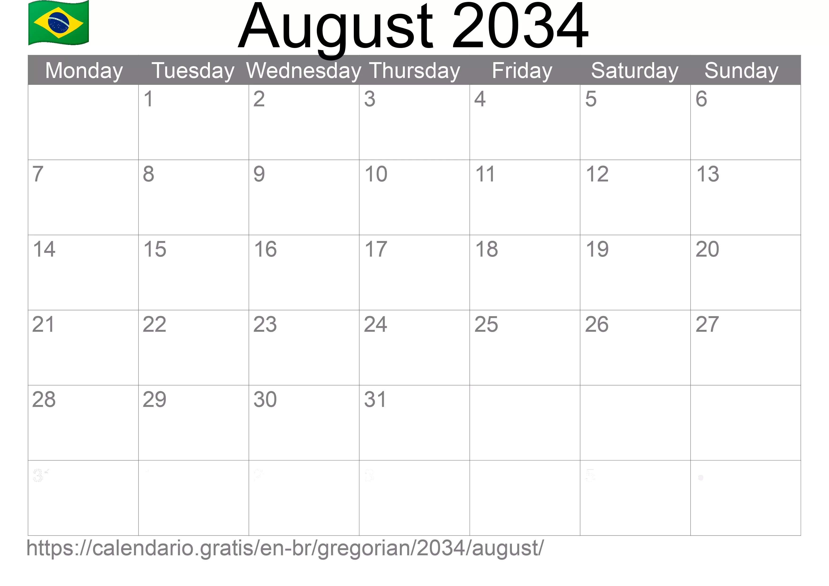 Calendar August 2034 to print (Brazil) Calendar August 2034 to print (Brazil)