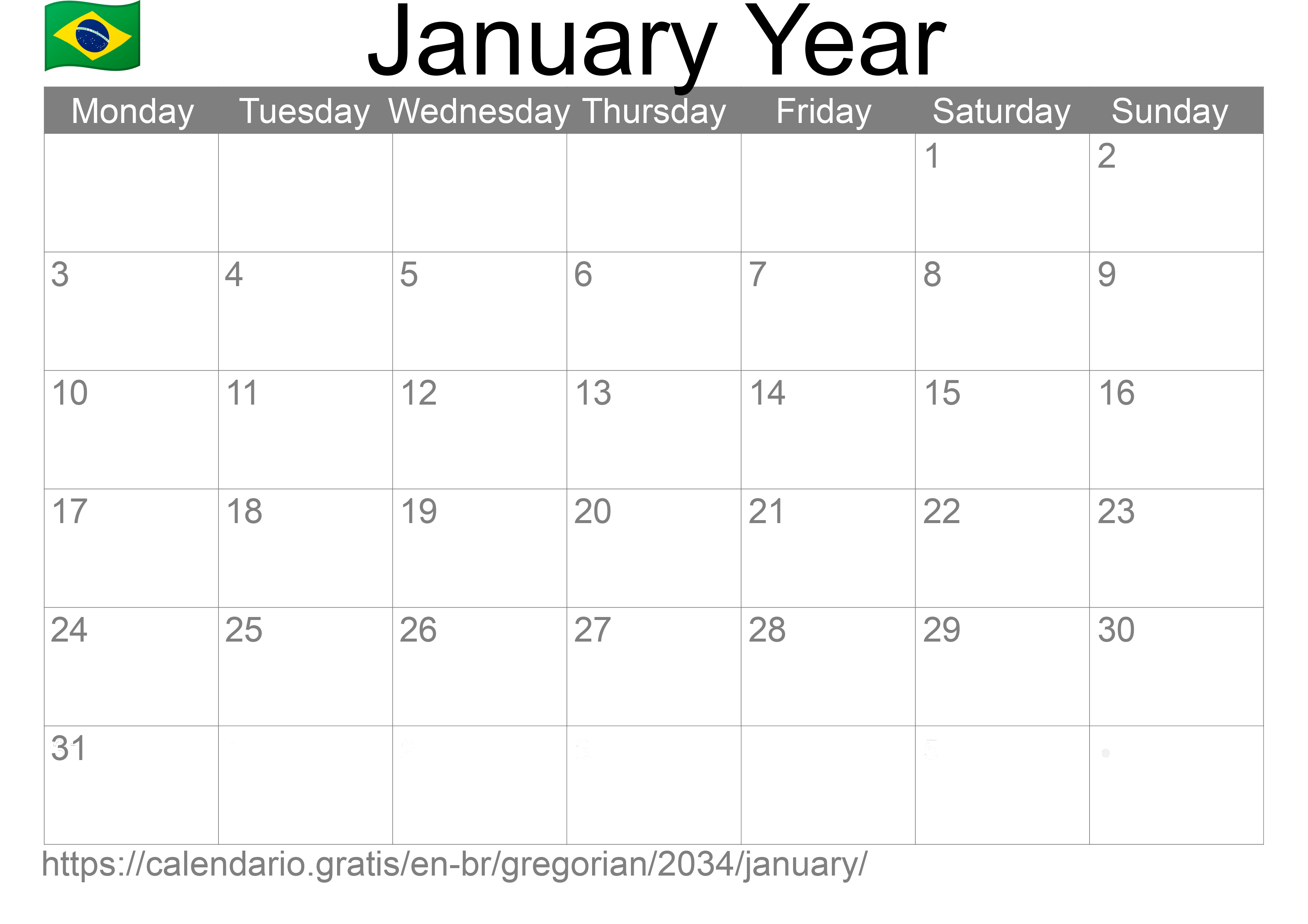 Calendar January 2034 to print