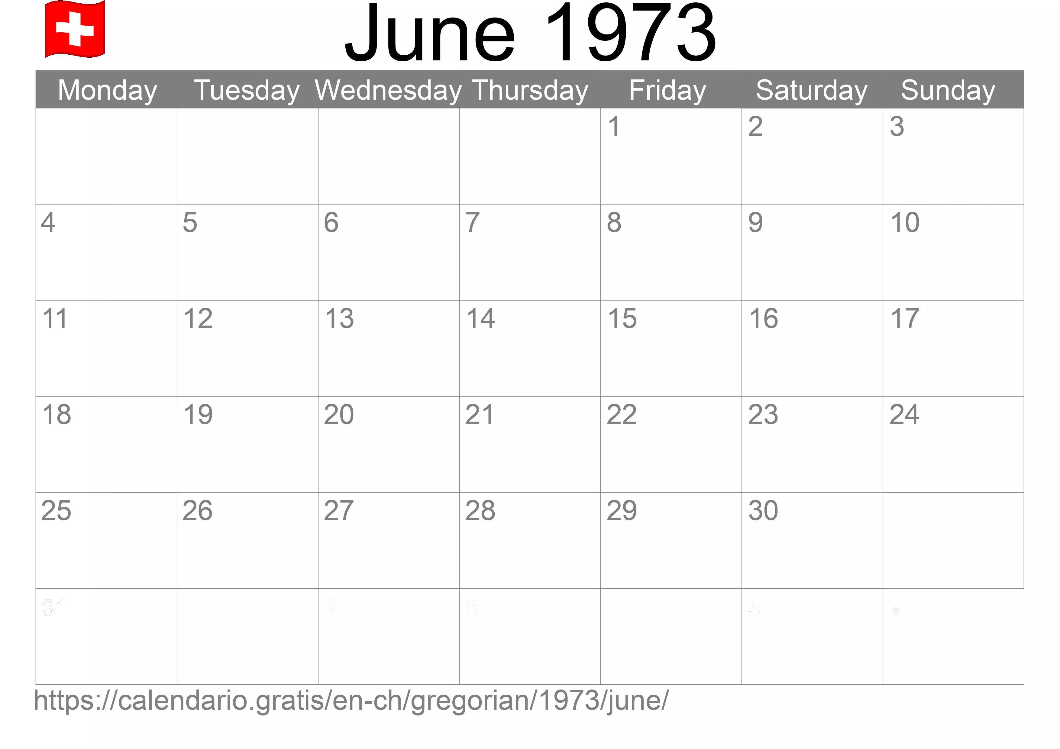 Calendar June 1973 to print (Switzerland) Calendar June 1973 to print (Switzerland)