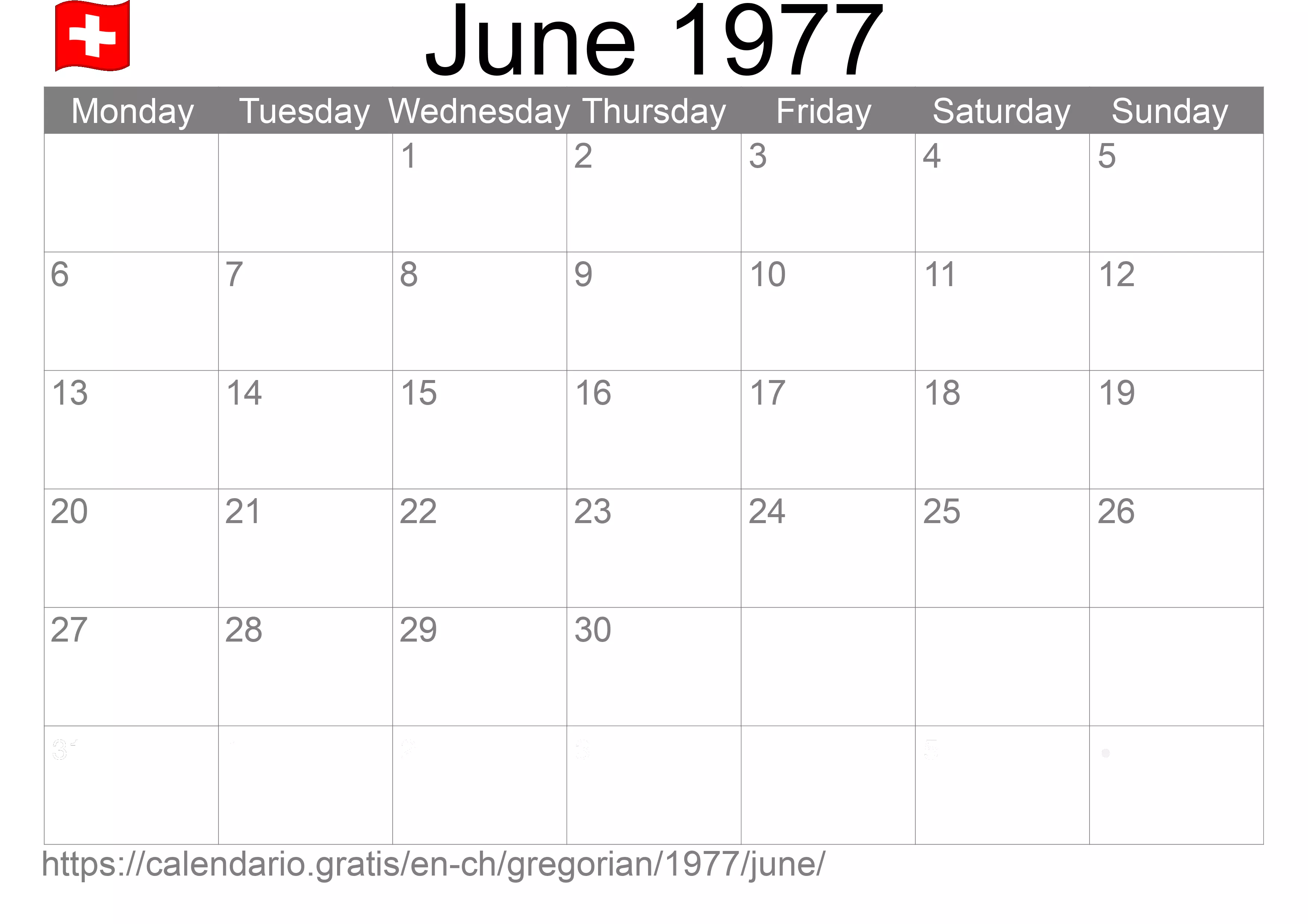 Calendar June 1977 to print (Switzerland) Calendar June 1977 to print (Switzerland)